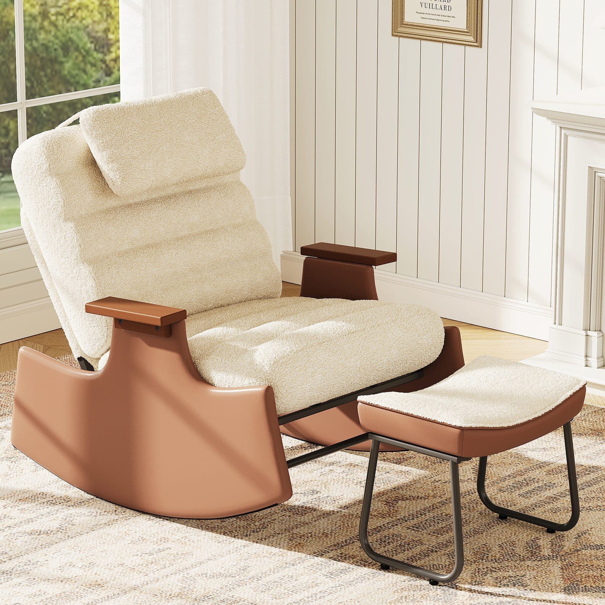 FUROKOY Schaukelstuhl Relaxsessel mit Hocker Beige 3-stufig verstellbar - Bild 2