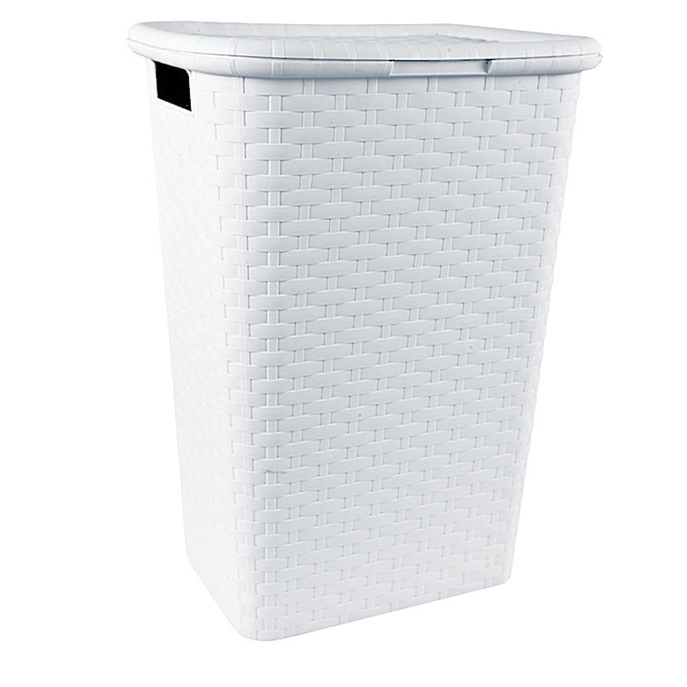 Spetebo Wäschebox 65L Weiß Kunststoff Flechtoptik mit Deckel