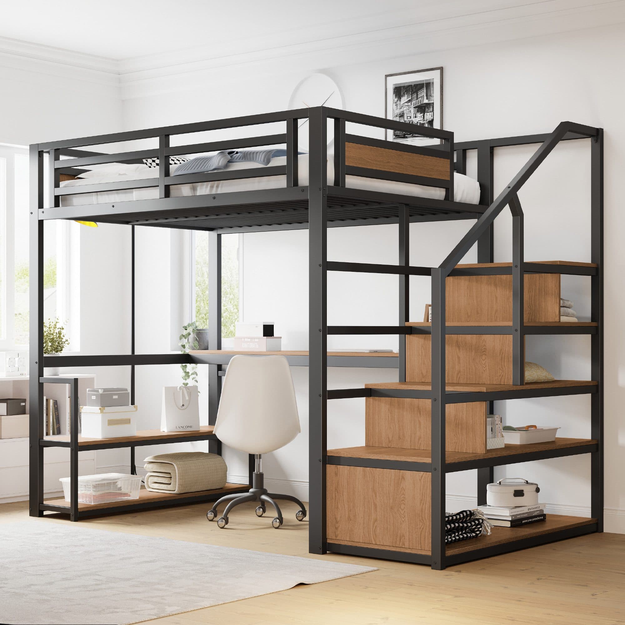 Flieks Hochbett Metallbett Schwarz mit Stauraumtreppe und Schreibtisch - Bild 2