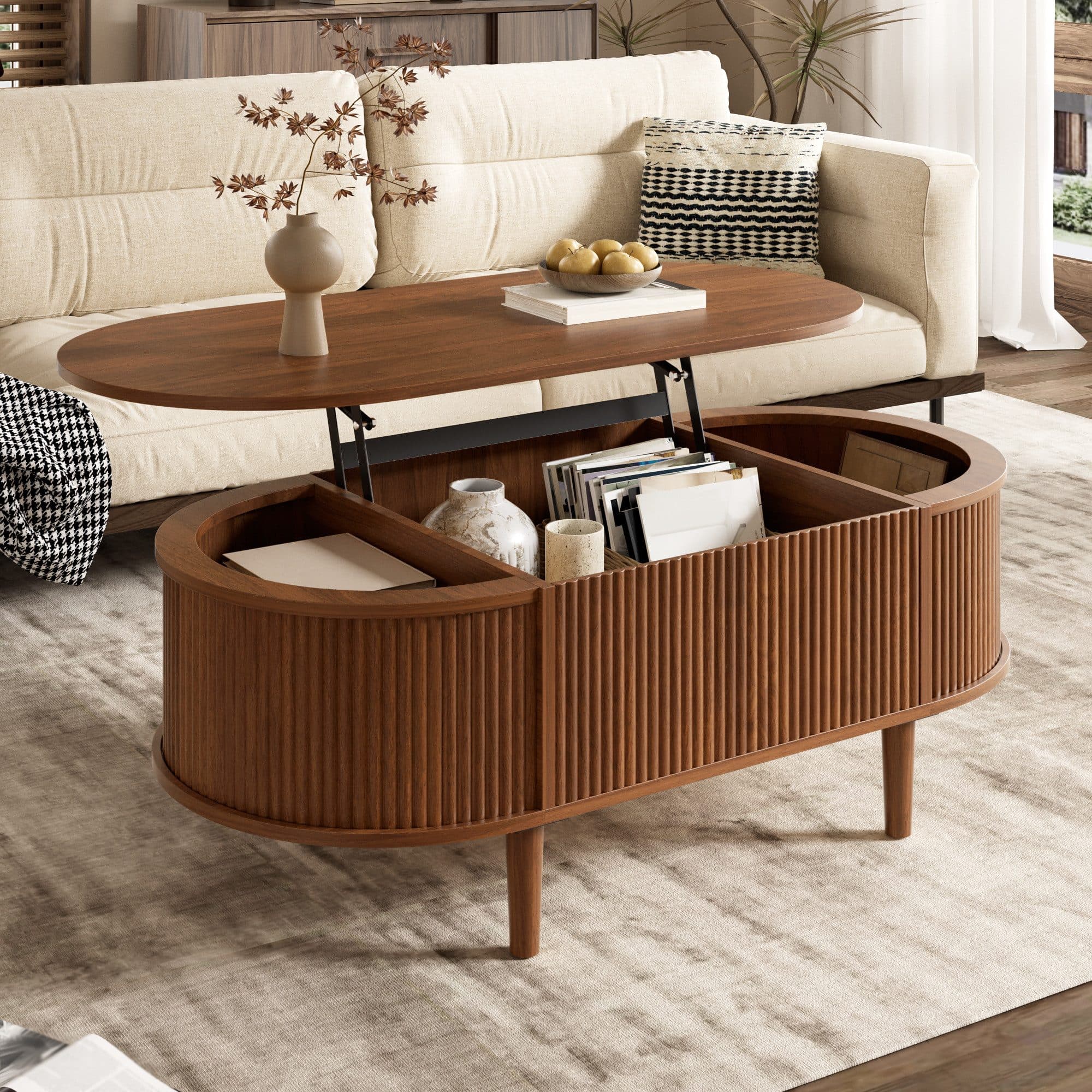 Merax Couchtisch oval mit Lift-Top & Stauraum Walnuss - Bild 2