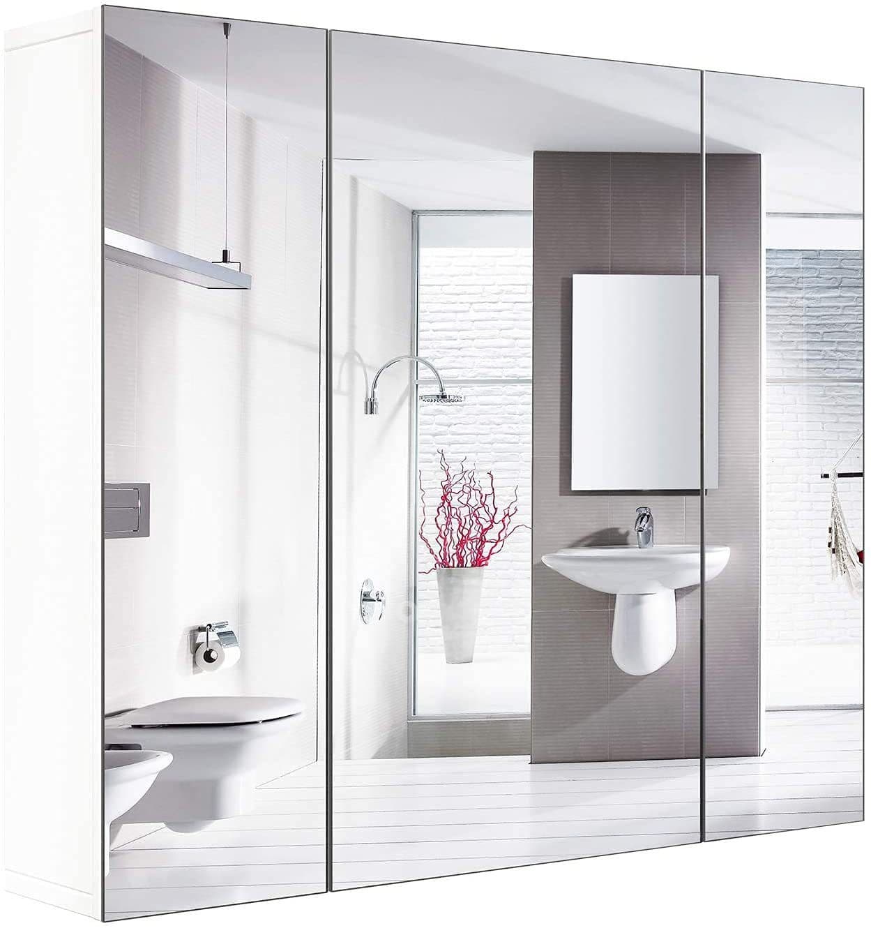 Homfa Spiegelschrank Badezimmerschrank 3 Türen Weiß Holz 70x60x15 cm - Bild 2
