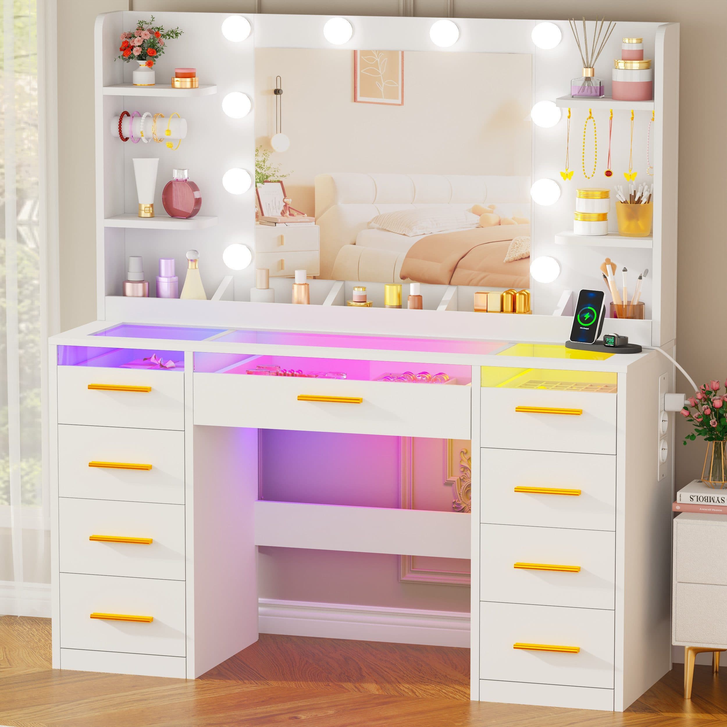 BEWISHOME Schminktisch mit LED-Beleuchtung Glastischplatte 9 Schubladen - Bild 2