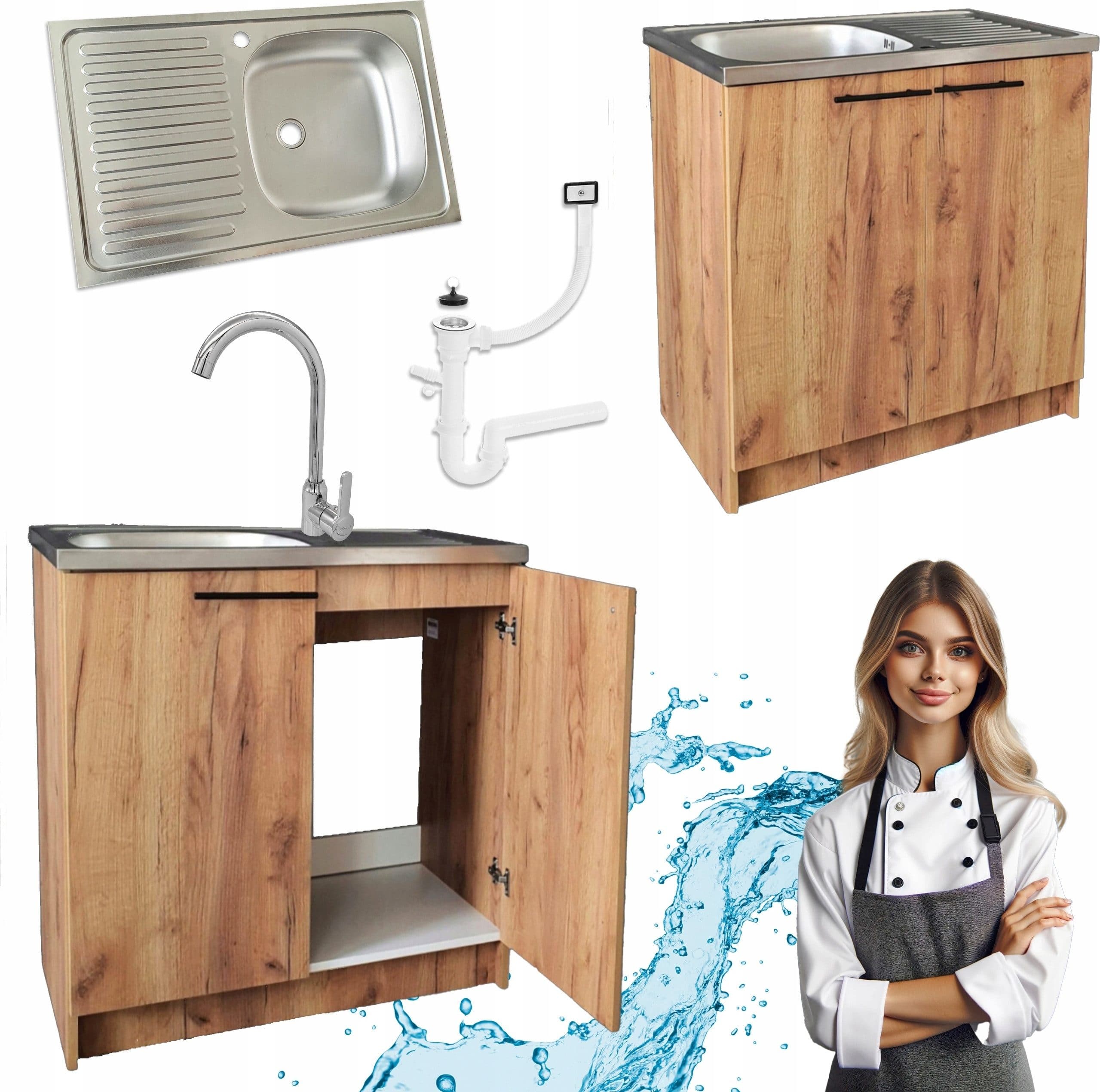 STAMAR Spülenschrank Küchenschrank 80cm Sonoma Eiche Spüle Hocharmatur Siphon Set - Bild 2
