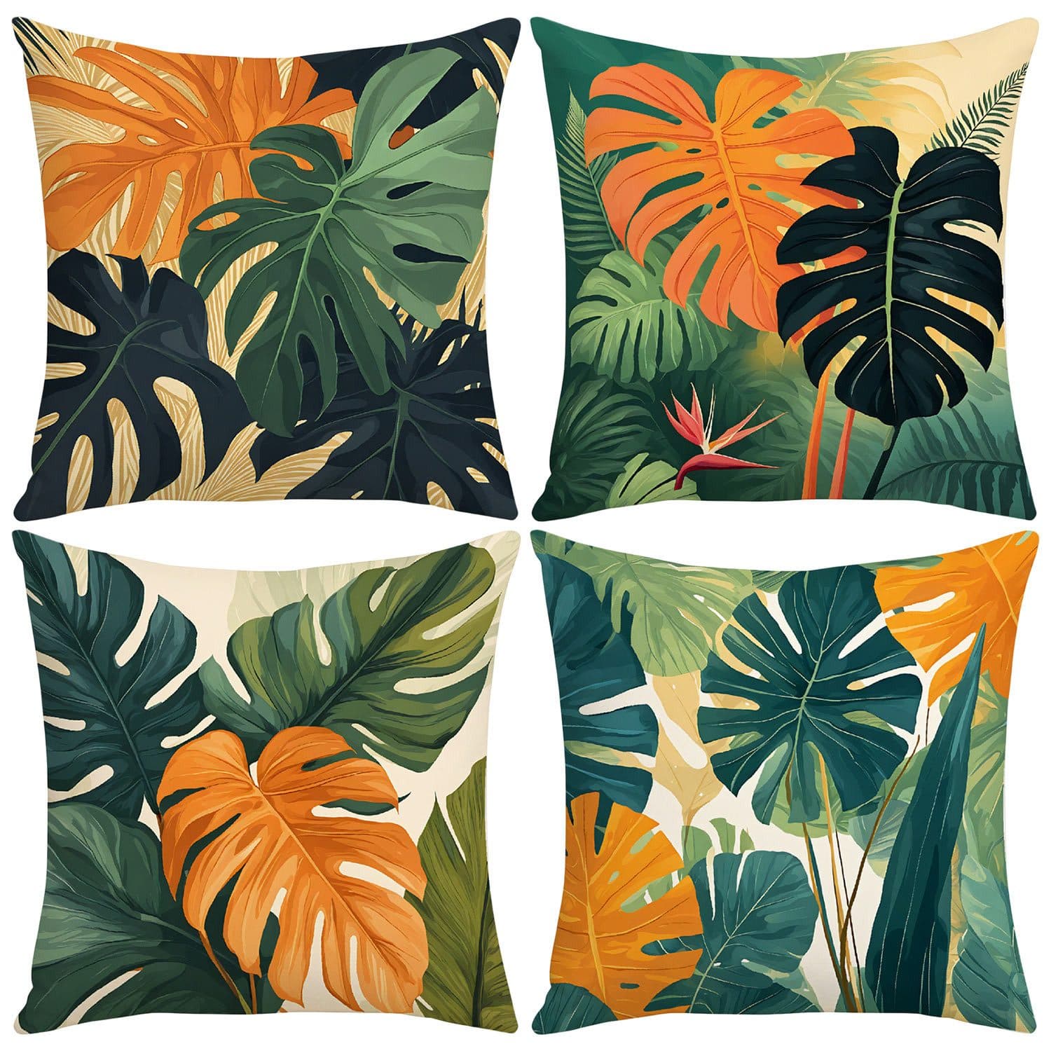 Refttenw Kissenbezüge 4er Set Tropische Blätter Grün Orange Beige 45x45 cm - Bild 2