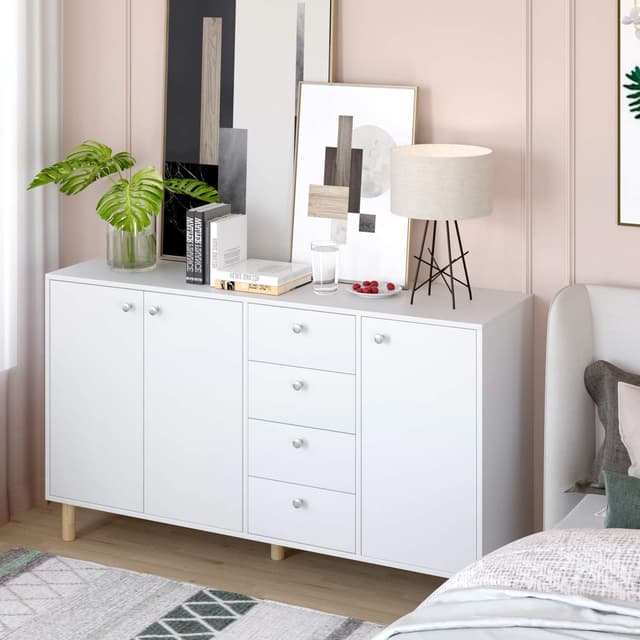 Homfa Weißes Sideboard mit 3 Türen und 4 Schubladen