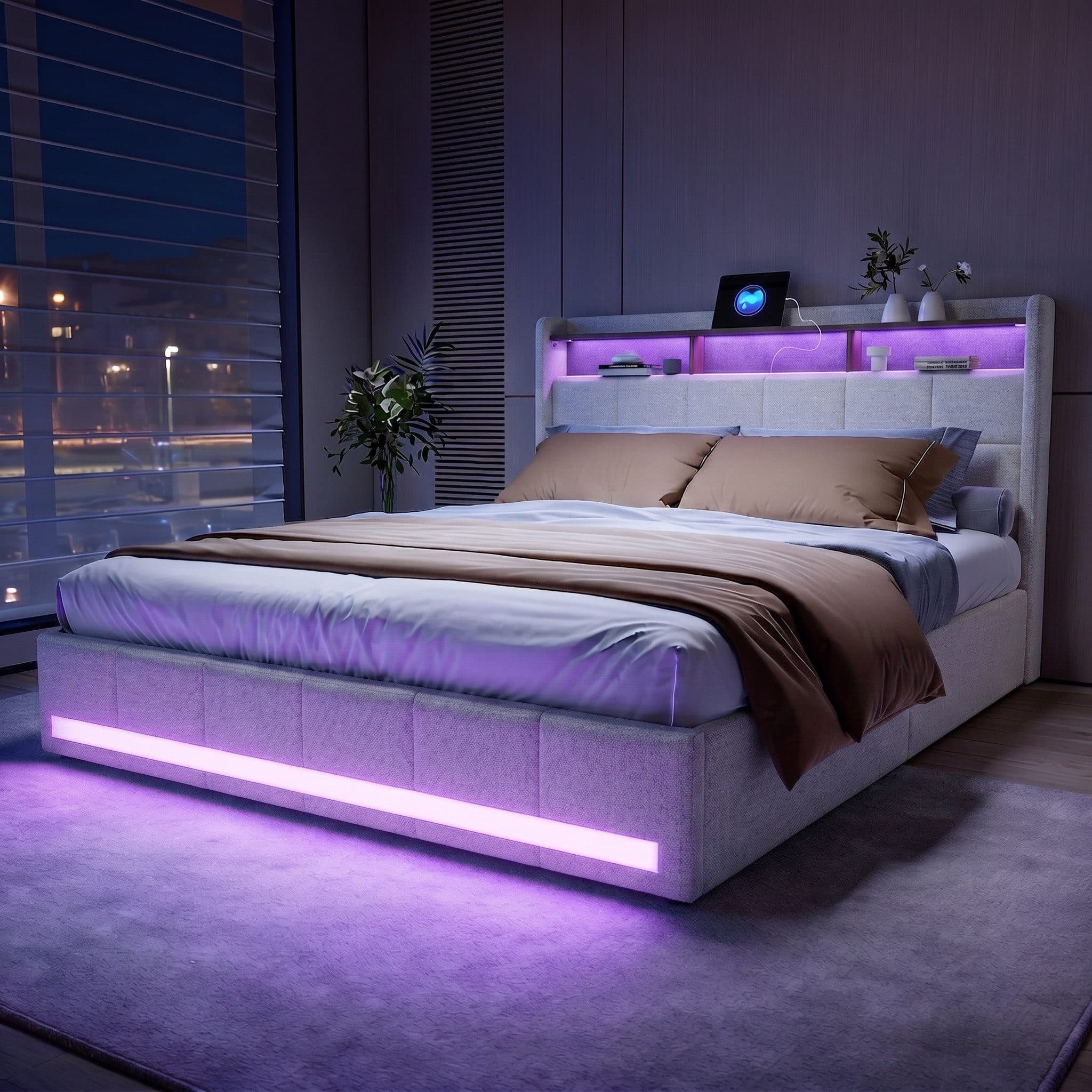 PXloue Polsterbett LED mit USB und Stauraum Beige - Bild 2