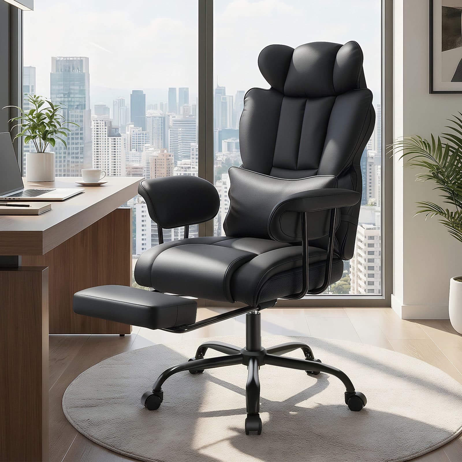 oyajia Chefsessel Ergonomischer Bürostuhl Schwarz mit Fußstütze