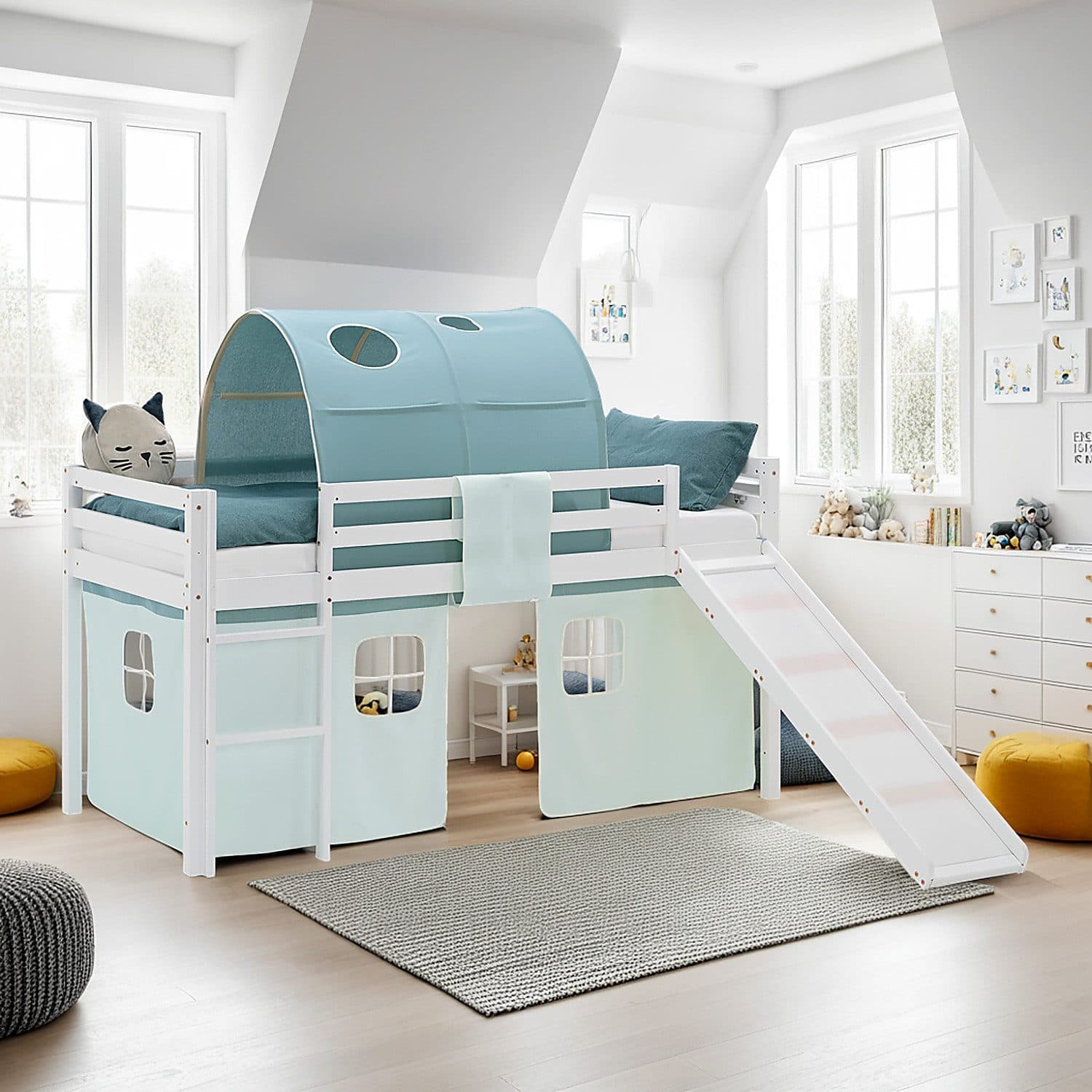 Homestyle4u Hochbett mit Rutsche und Tunnel Komplettset Weiß Mint - Bild 2