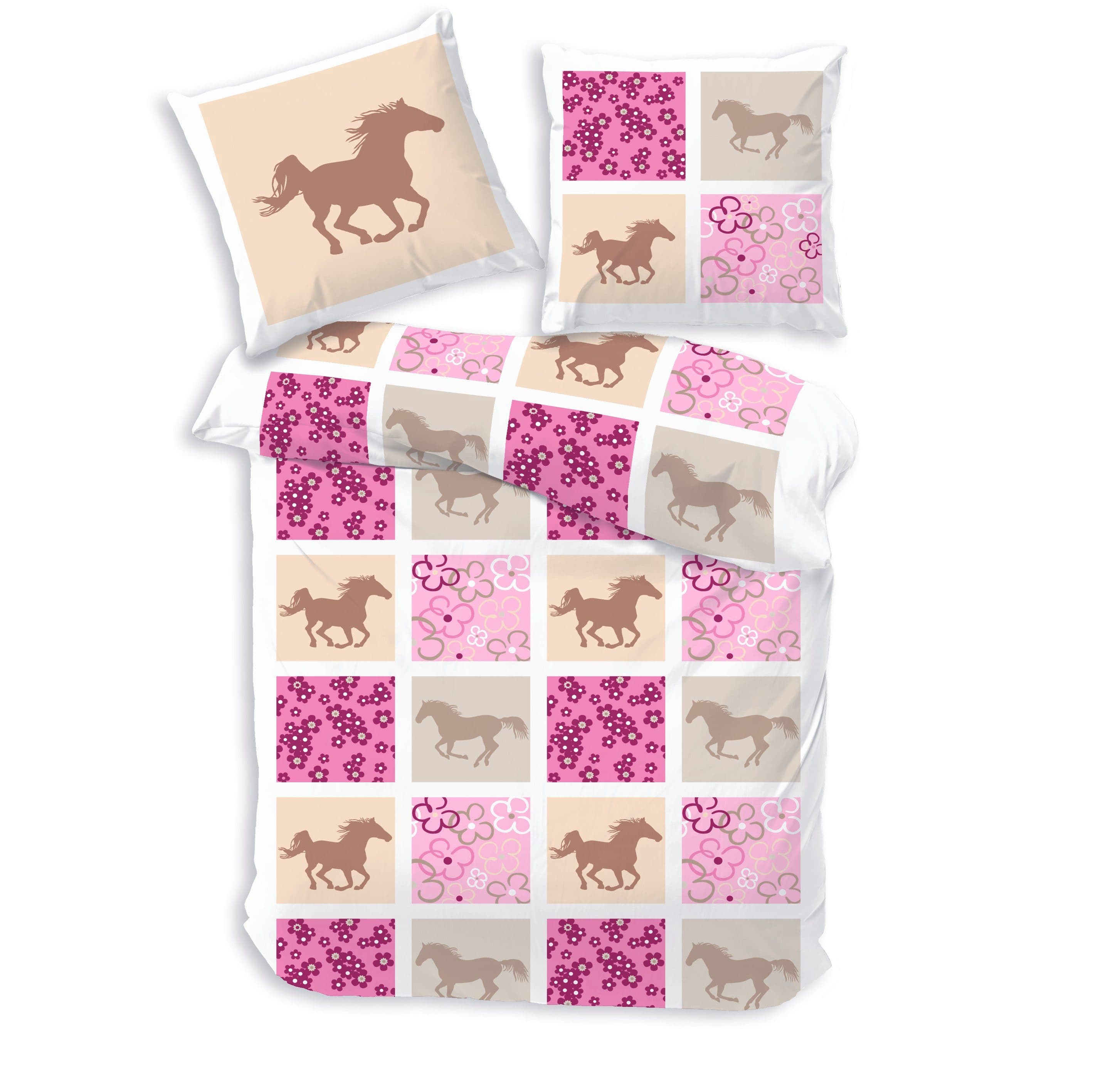 Träumschön Bettwäsche Premium Set 135x200 cm Karo Pferd Rosa Baumwolle - Bild 2