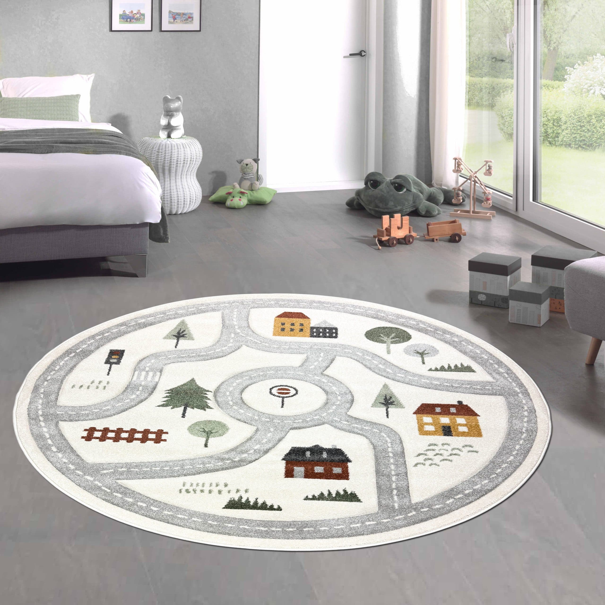 Carpetia Kinderteppich Runder Spielteppich mit Straßenmotiv Creme - Bild 2
