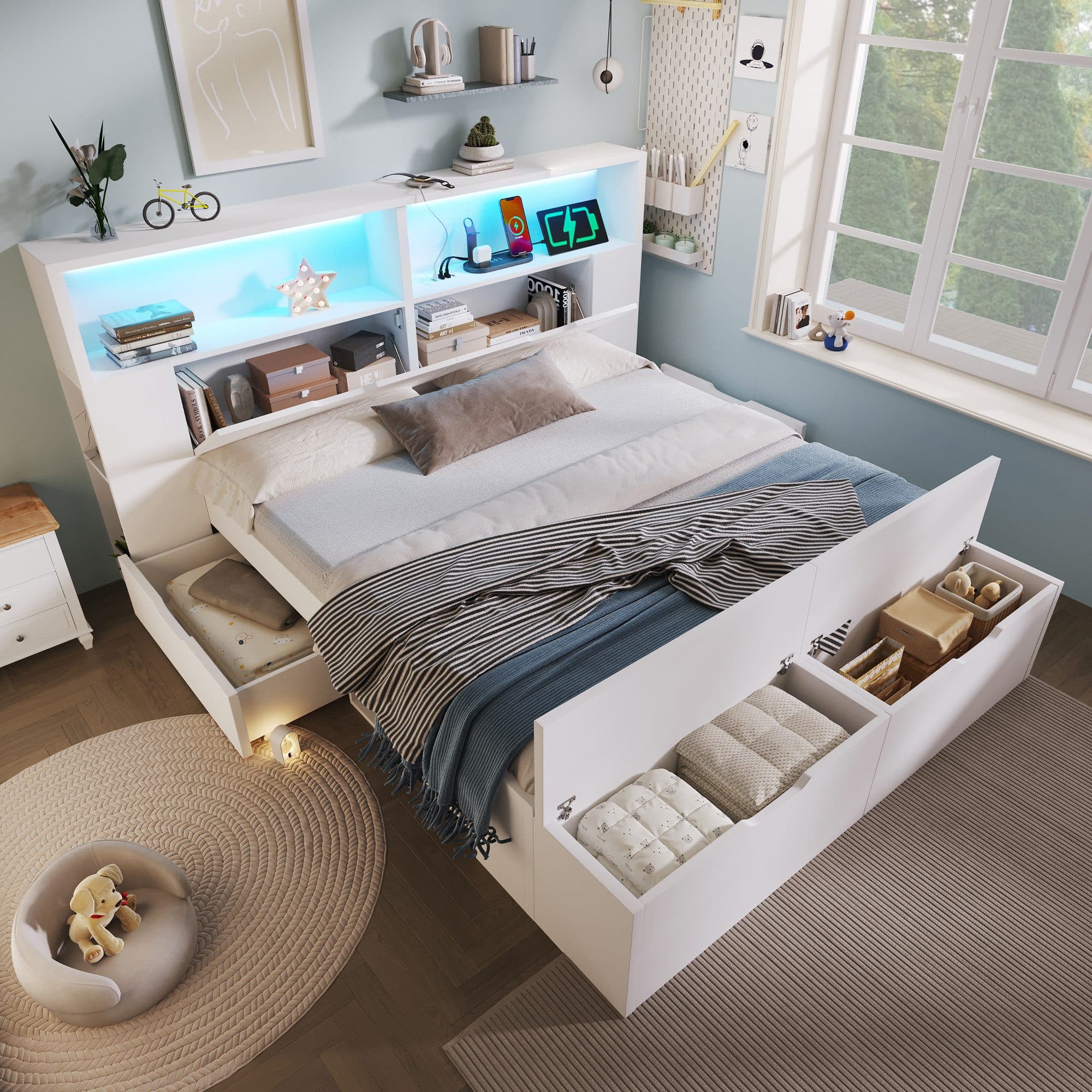 REDOM Kinderbett Funktionsbett mit LED, USB-Ladung & Stauraum, weiß - Bild 2