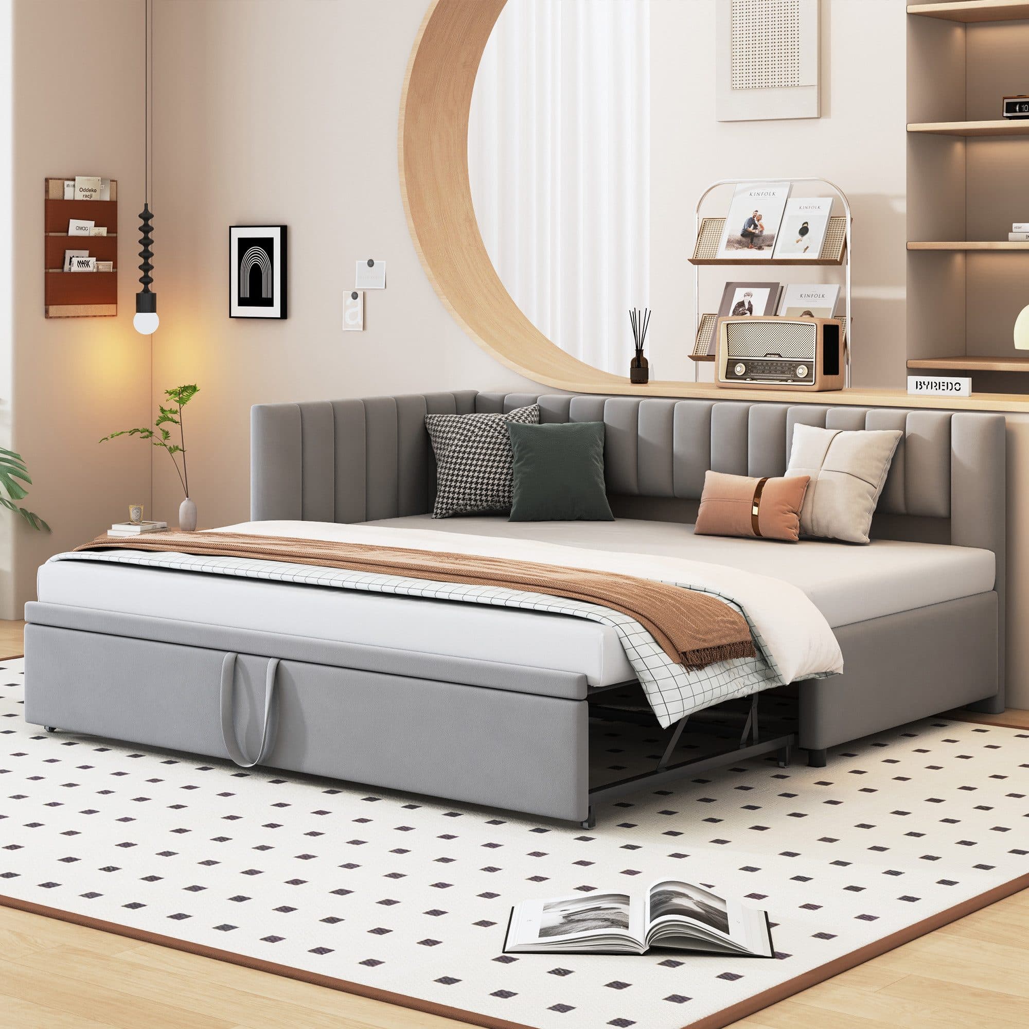 MODFU Schlafsofa Daybett L-förmig Samt Grau Ausziehbar - Bild 2