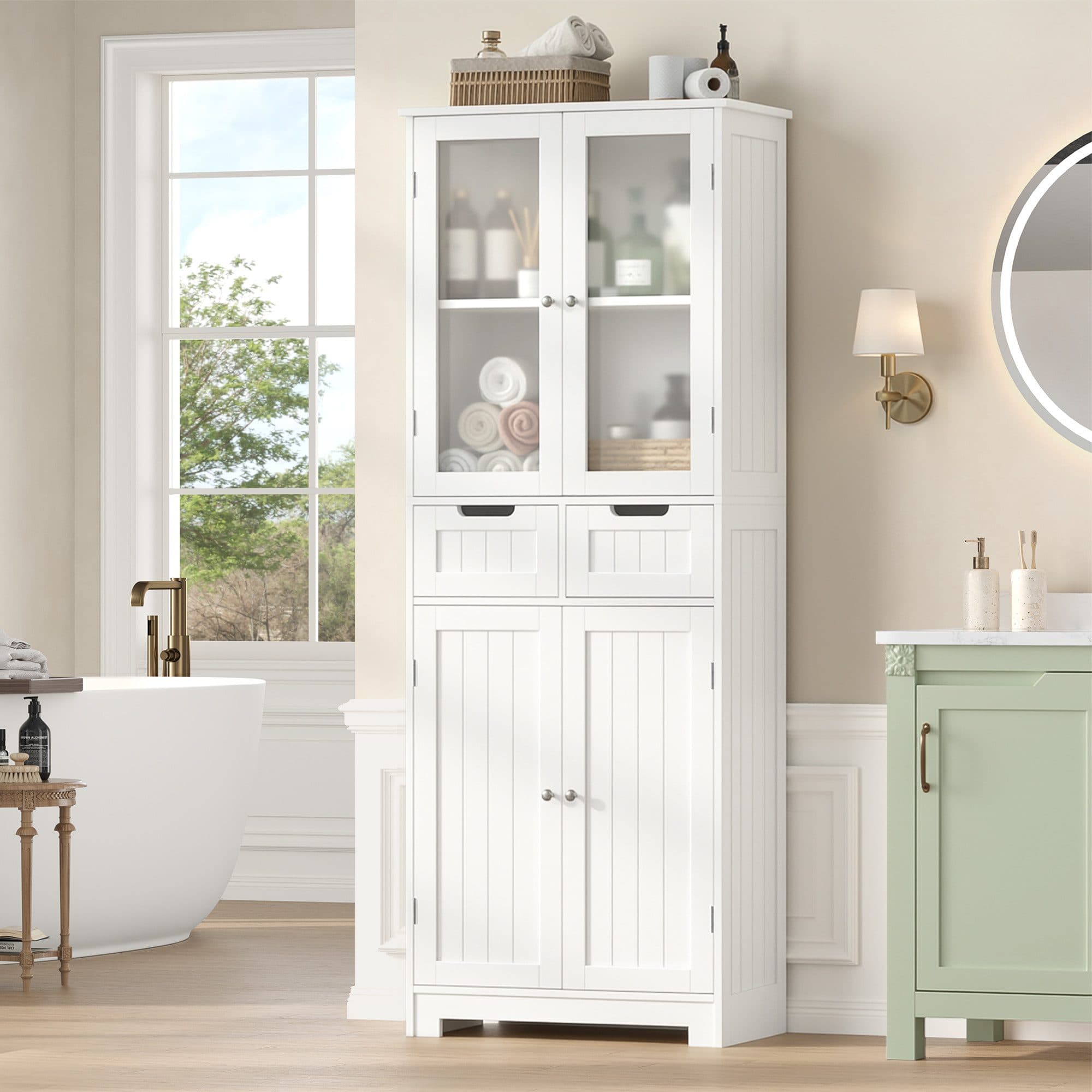 HOMECHO Hochschrank Badschrank 4 Türen 2 Schubladen Weiß - Bild 2