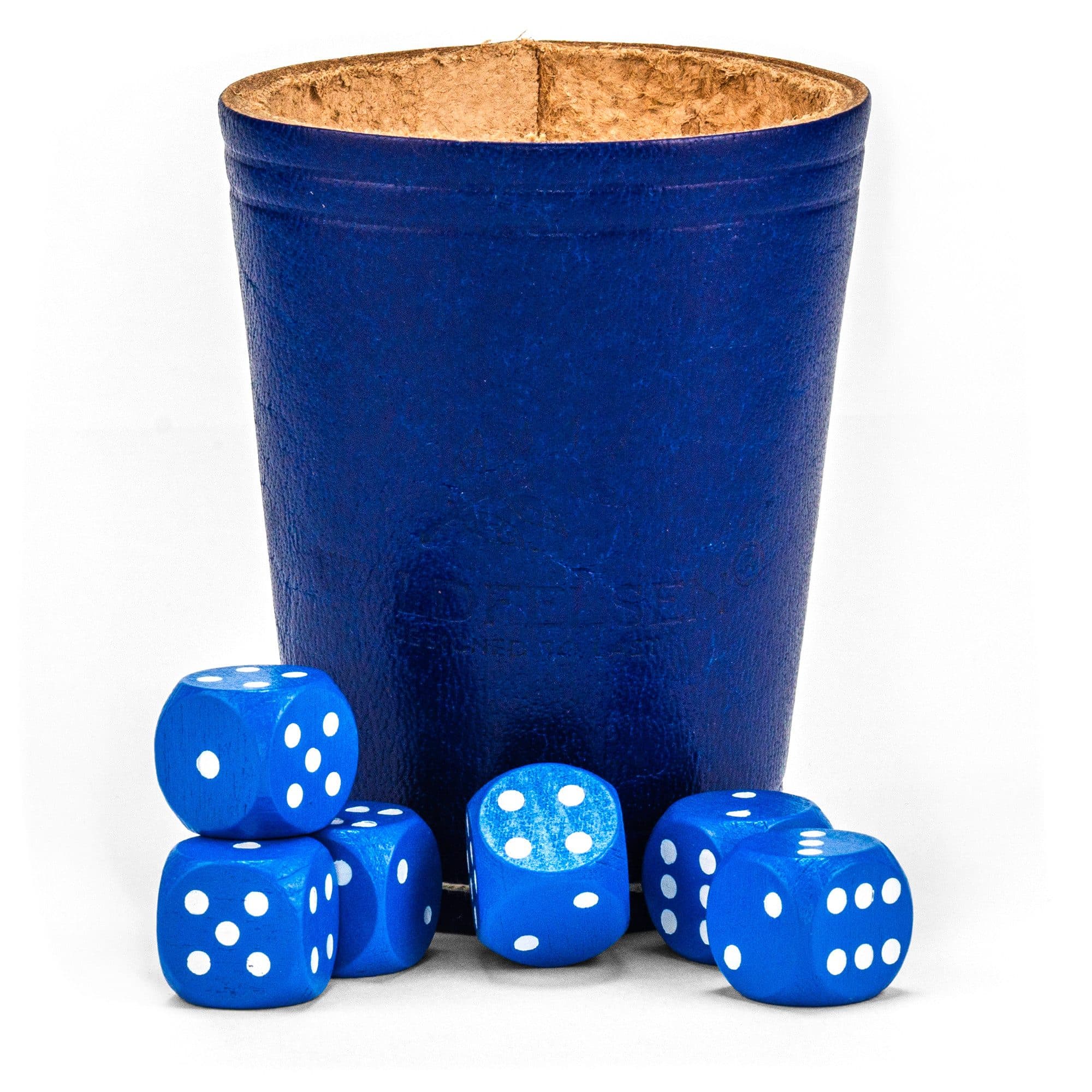 Waldfelsen Spiel – Echtleder Würfelbecher mit 6 Buchenholz-Würfeln Blau