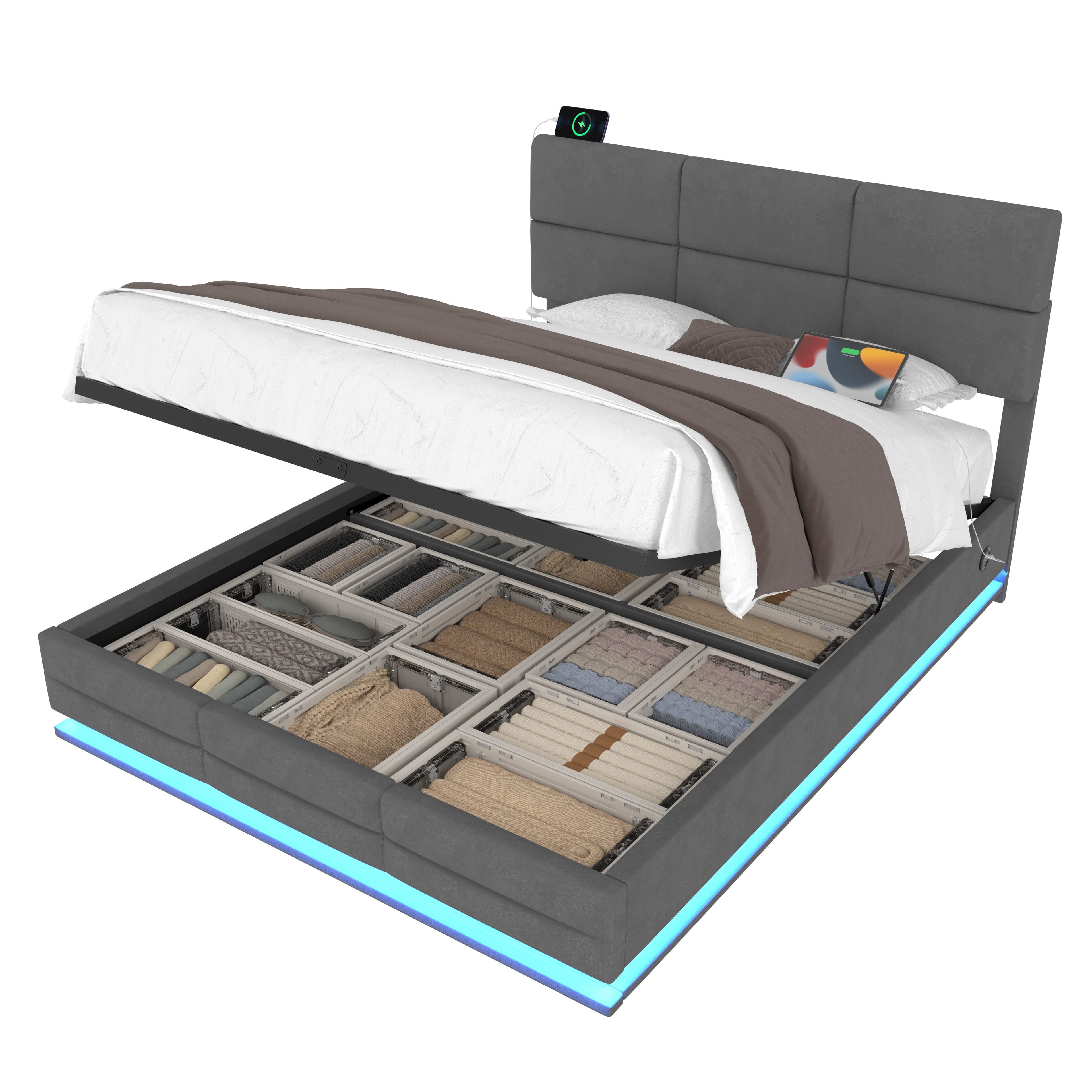 OKWISH Polsterbett mit Stauraum LED USB Beige/Grau - Bild 2