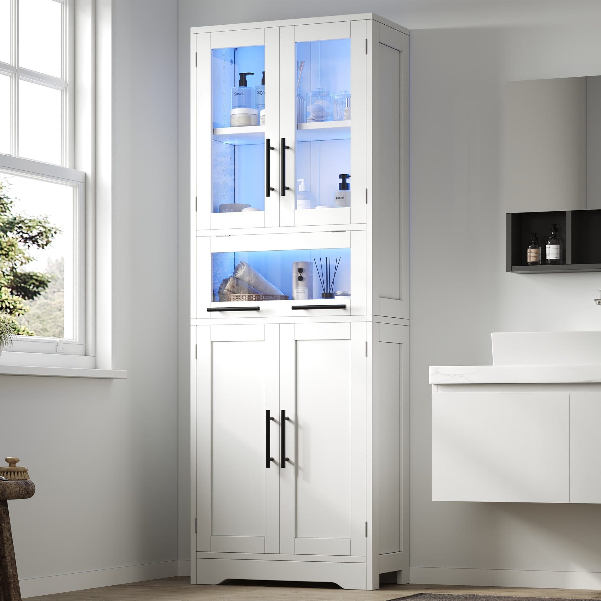 Flieks Hochschrank Badkommode mit LED-Beleuchtung und Glastüren Weiß - Bild 2