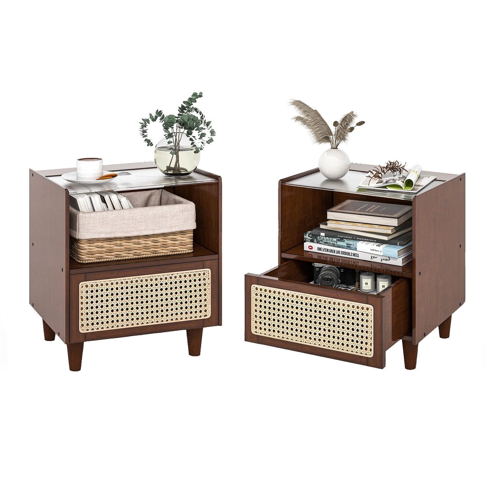 COSTWAY Nachttisch 2-St. Braun Bambus & Rattan - Bild 2