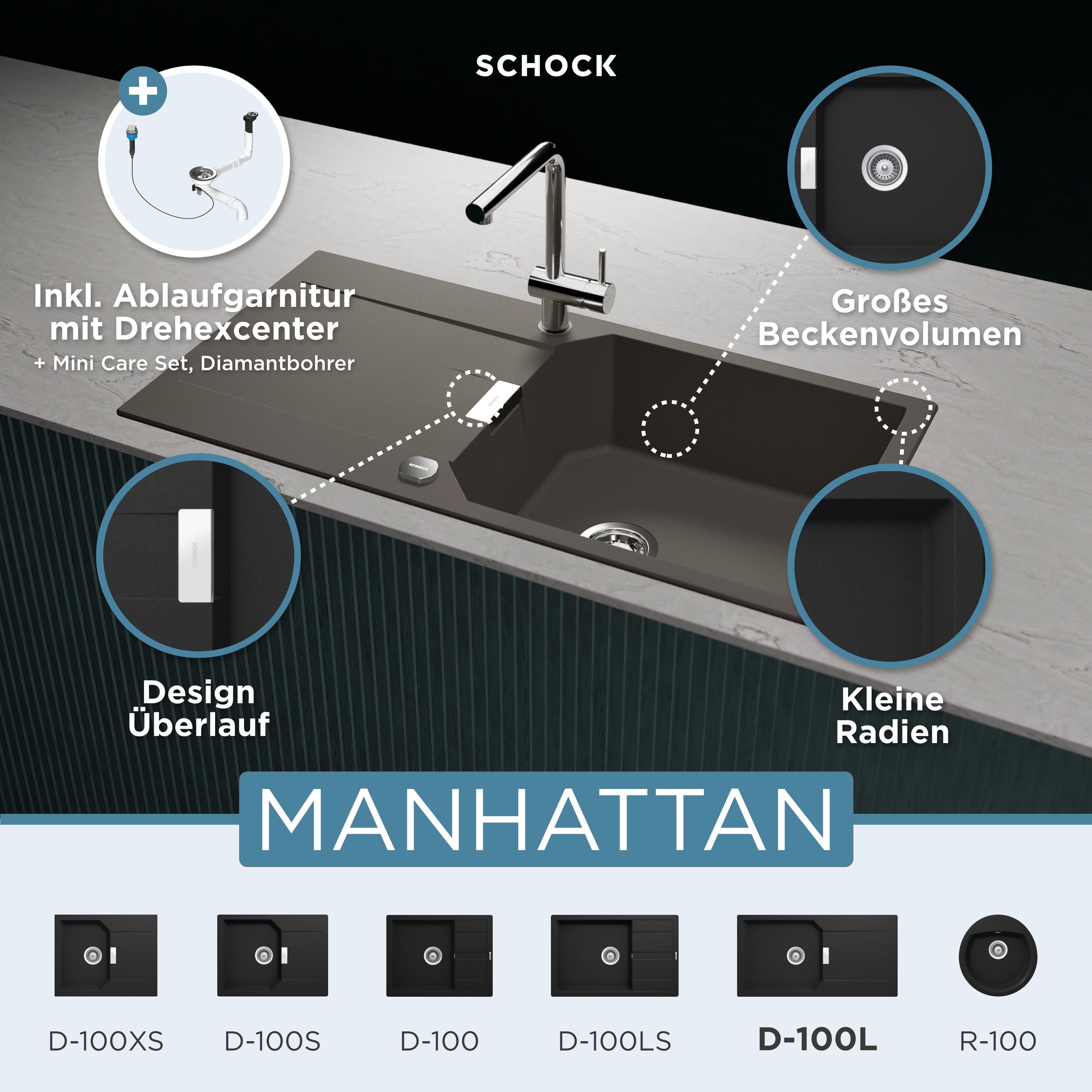 Schock Granitspüle Manhattan D-100L Rechteckig Schwarz Onyx - Bild 2
