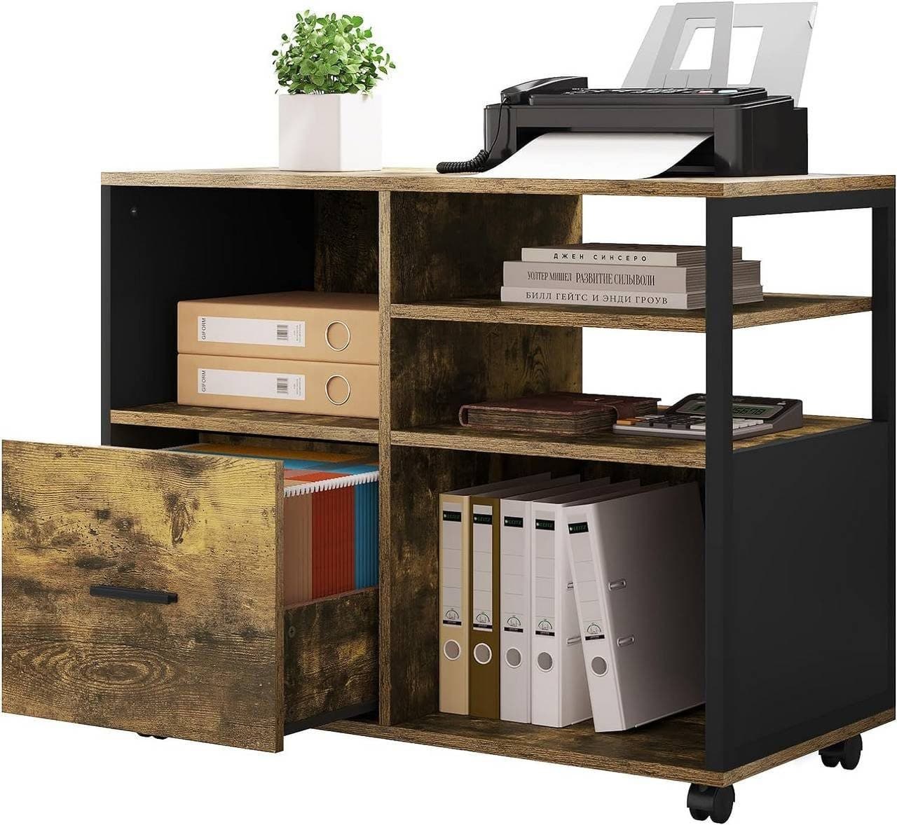 Woltu Aktenschrank Retro Braun/Schwarz mit Rollen und Schublade - Bild 2