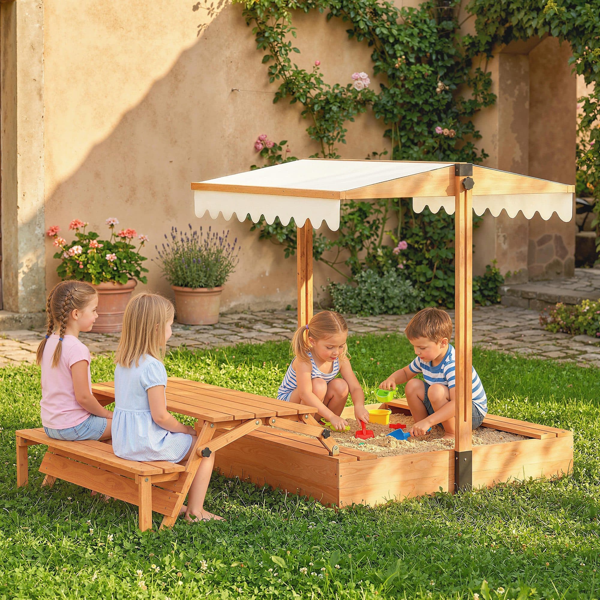 AIYAPLAY Sandkasten mit Dach und Picknicktisch für 6 Kinder Braun - Bild 2