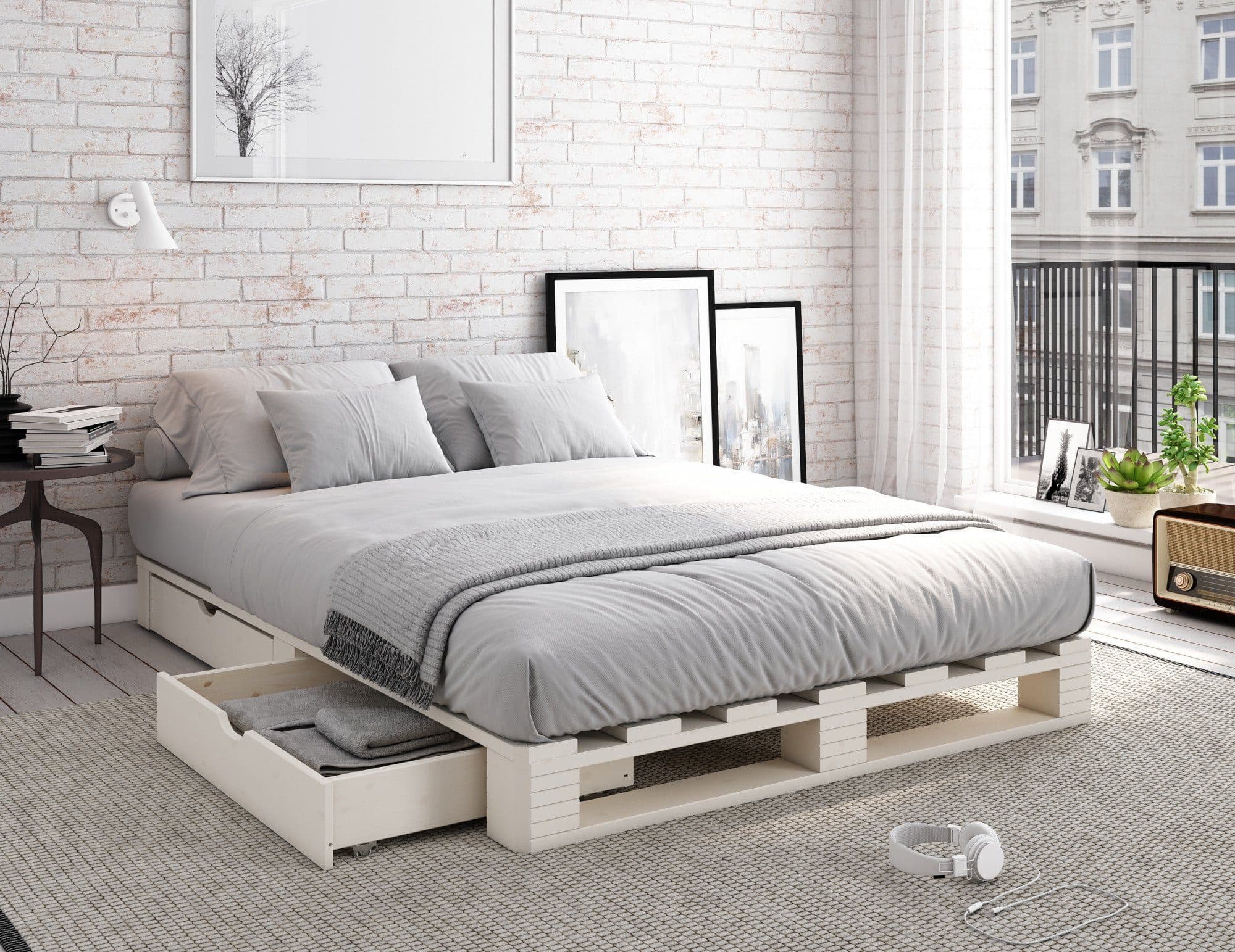 Palettenbett ALASCO Weiß mit Schubkästen Massivholz - Bild 2