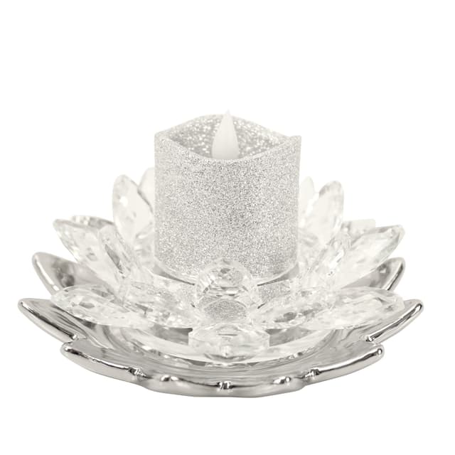 Online-Fuchs Lotusblüten-Kerzenständer aus Glas mit LED Kerze SILBER