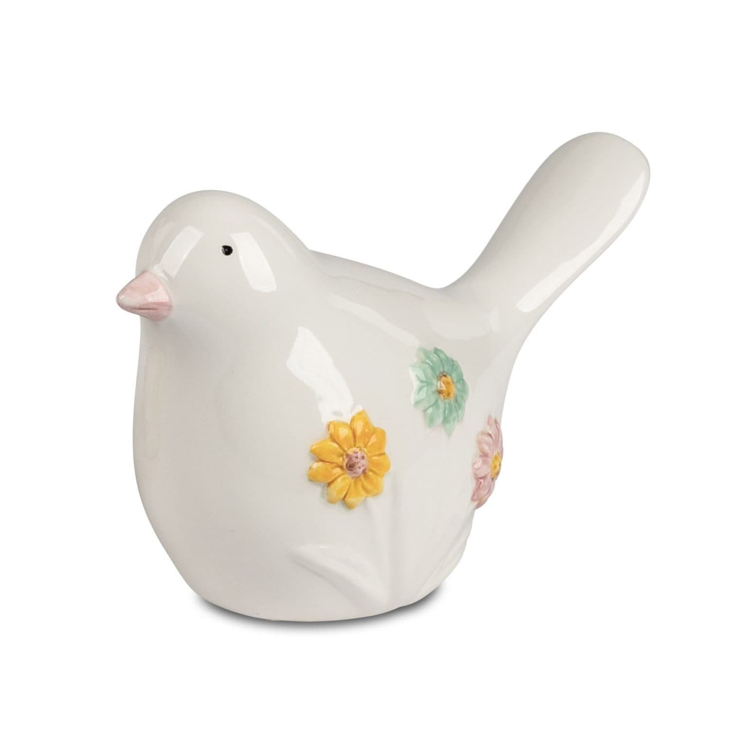 formano Dekofigur Vogel Weiß Bunt Blumenrelief Keramik