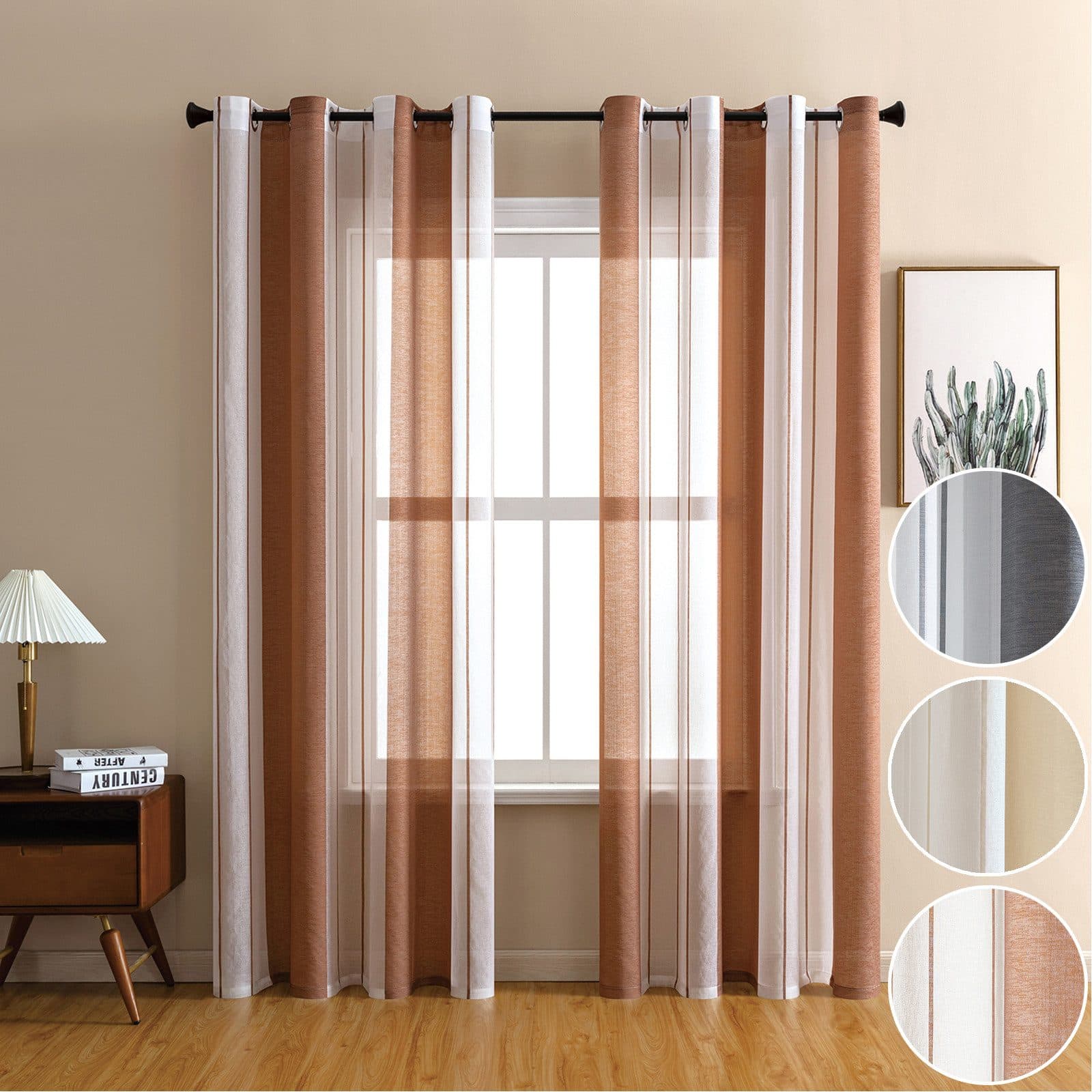 Qelus Streifen-Voilegardinen 2er-Set Braun Semi-Transparent - Bild 2