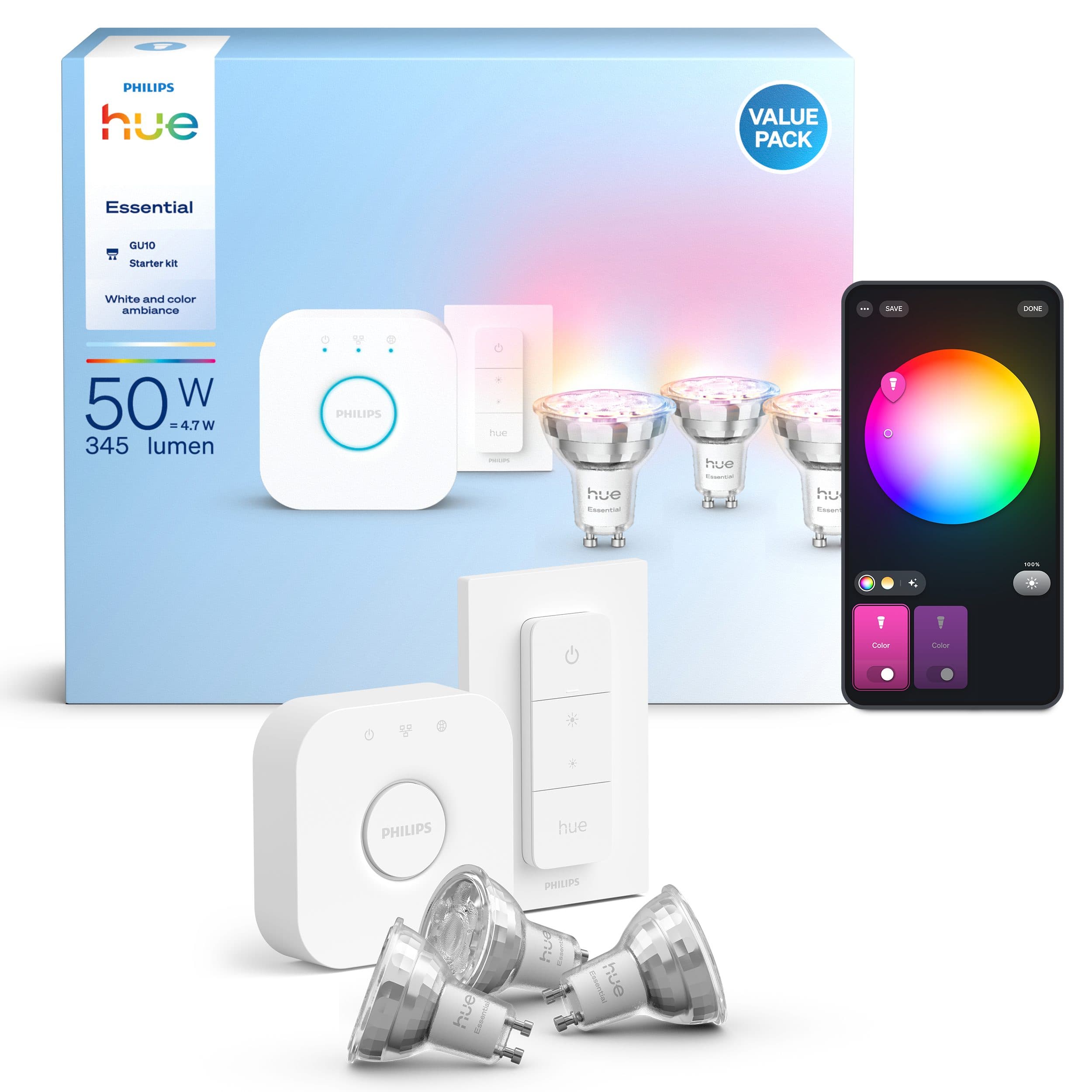 Philips Hue Essential Starter Kit 3x GU10 LED Bridge Dimmschalter - Bild 2