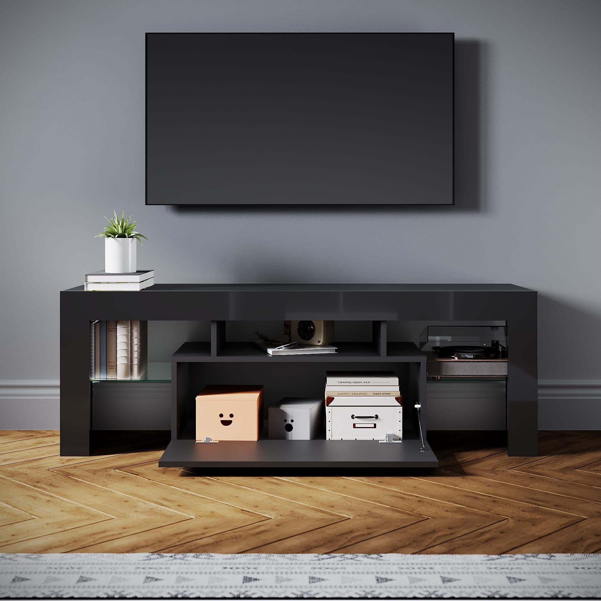 SONNI Lowboard 160 cm Breite Modern Weiß & Schwarz LED-Lichteffekten - Bild 2