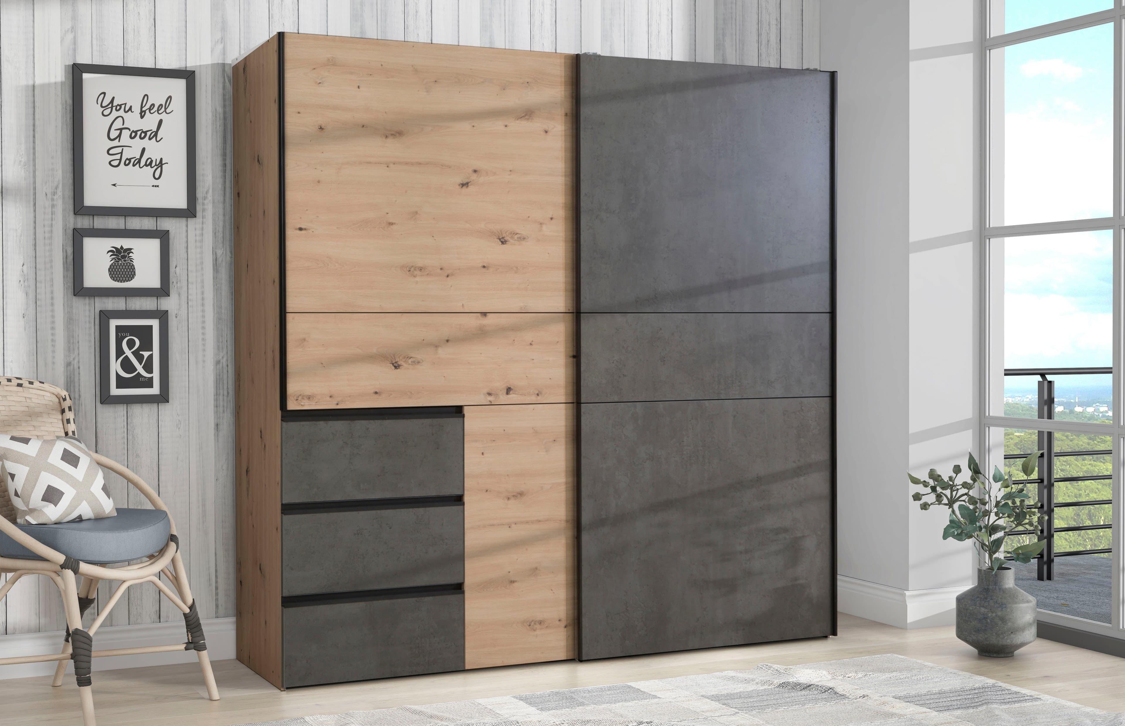 FORTE Schwebetürenschrank Winn 200cm mit 3 Schubladen Grau Braun - Bild 2