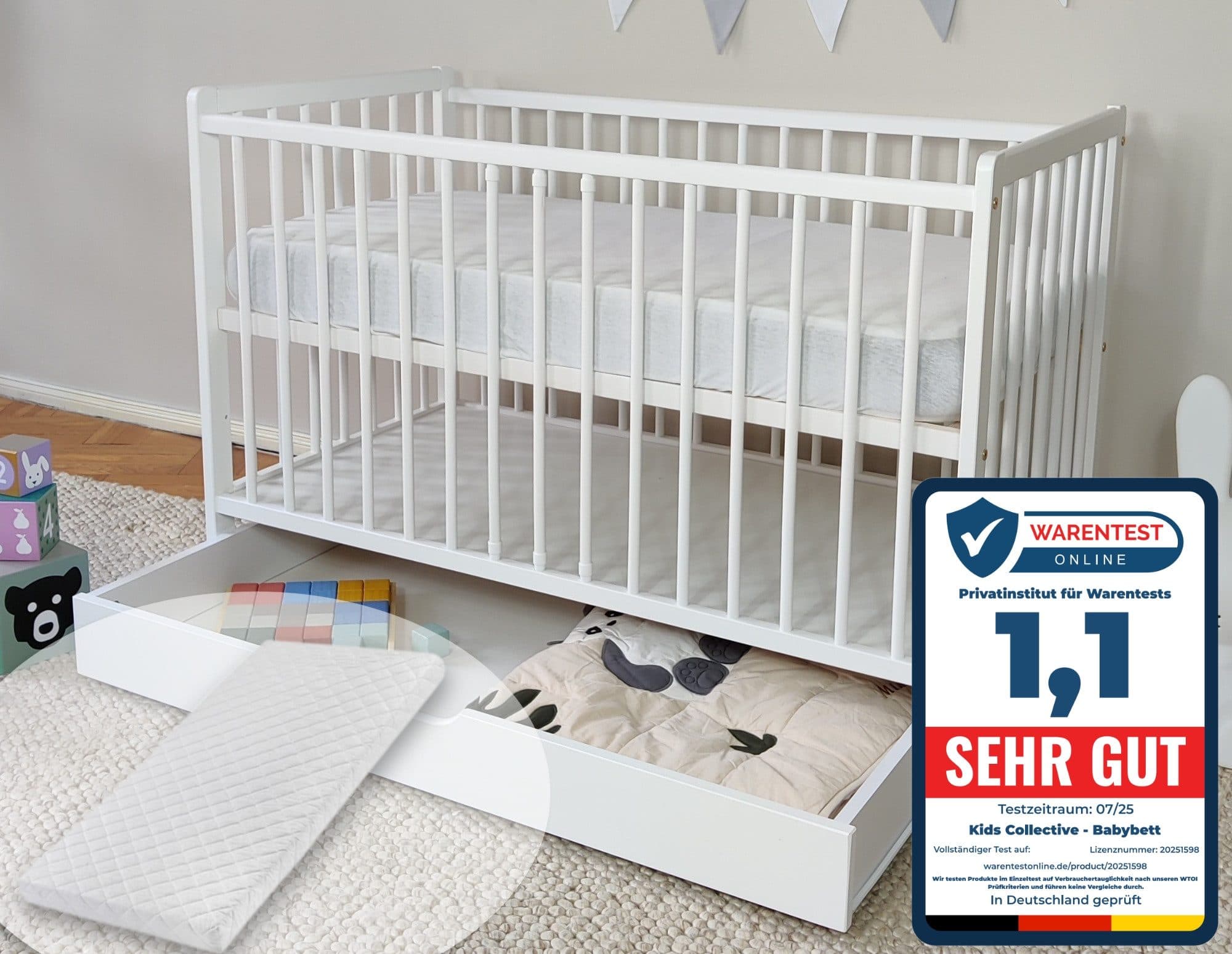 Kids Collective Babybett Weiß Kiefer Massivholz mit Matratze & Schublade - Bild 2