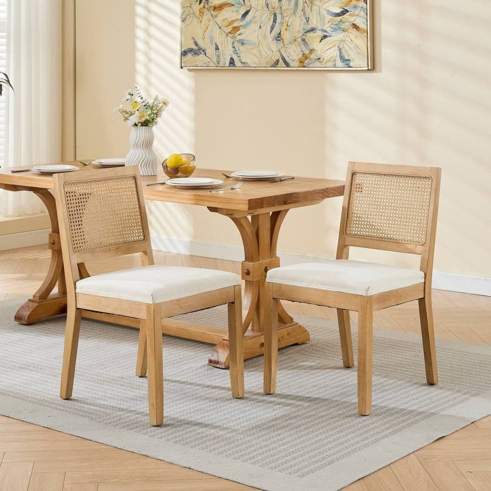 BBWL Esszimmerstuhl 2er Set Beige Rattan Leinen Polsterstuhl Massivholz - Bild 2