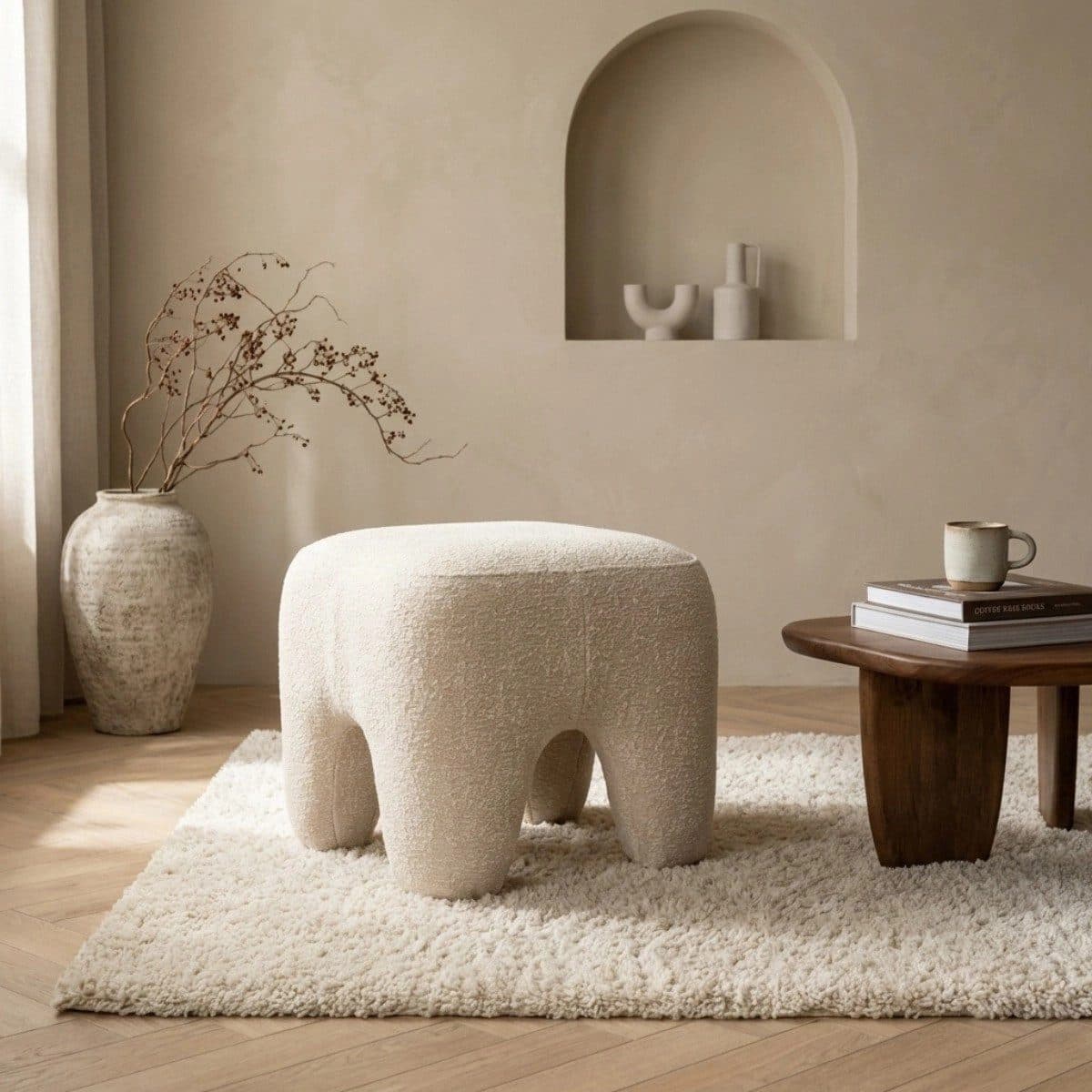 LEVEN Lifestyle Sitzhocker WAYO Beige Stoff Holz - Bild 2