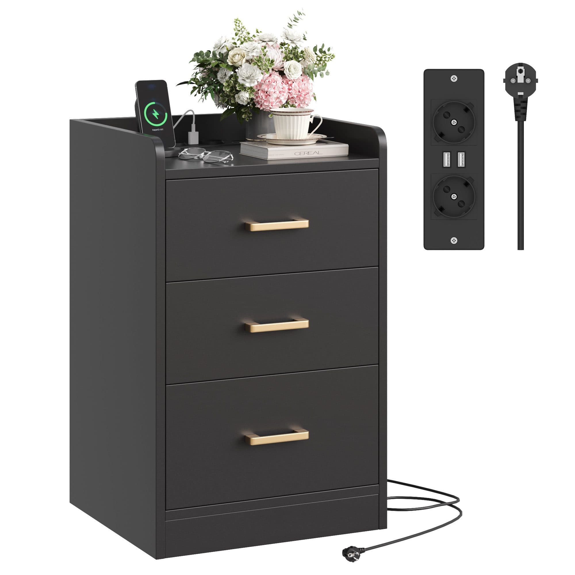 Homfa Nachttisch Nachtschrank mit Ladefunktion, 3 Schubladen, 2 AC-Steckdosen, 2 USB-Anschlüsse, 40x38x66cm - Bild 2