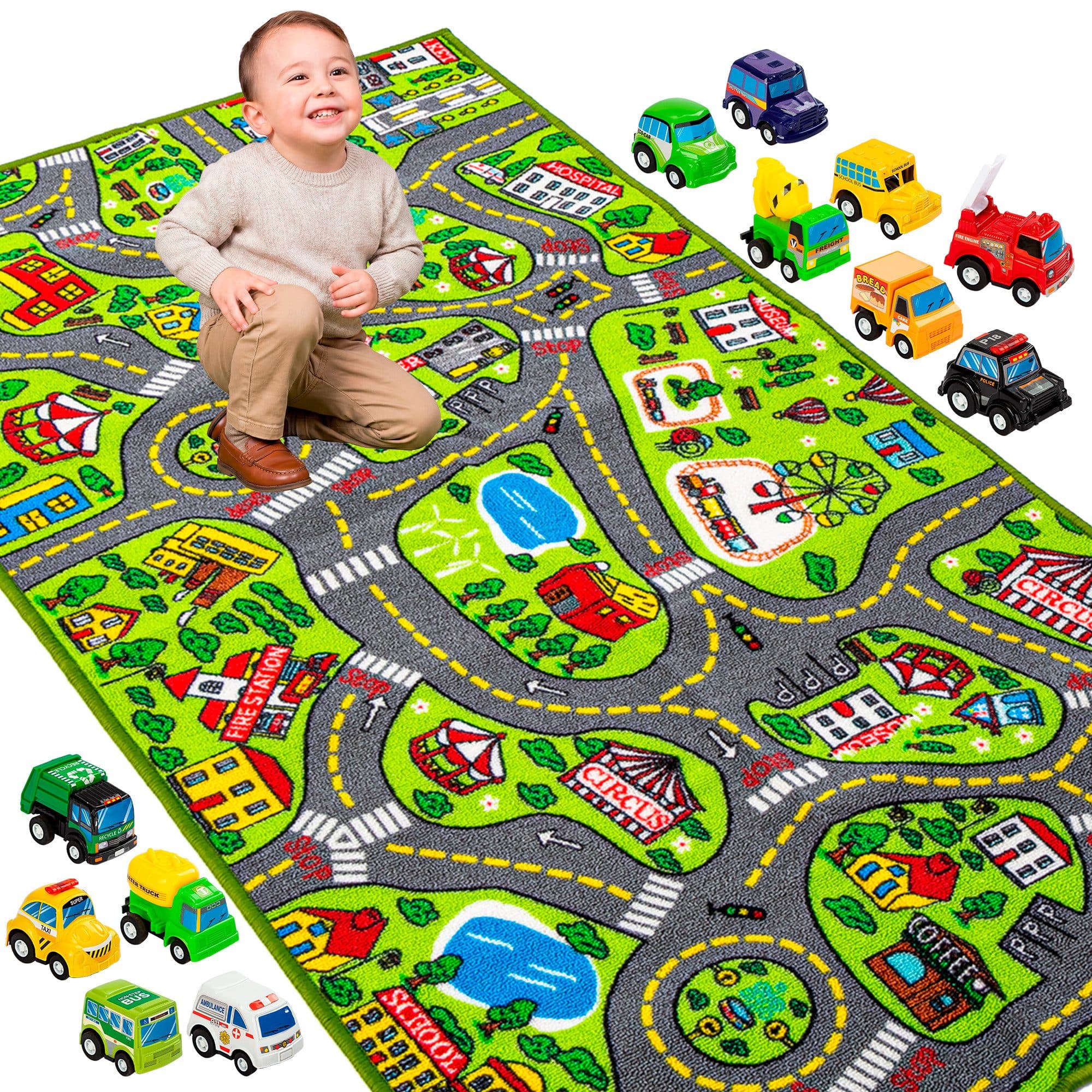 JOYIN Kinderteppich Autoteppich 80x150cm mit 12 Mini Auto Spielzeug - Bild 2