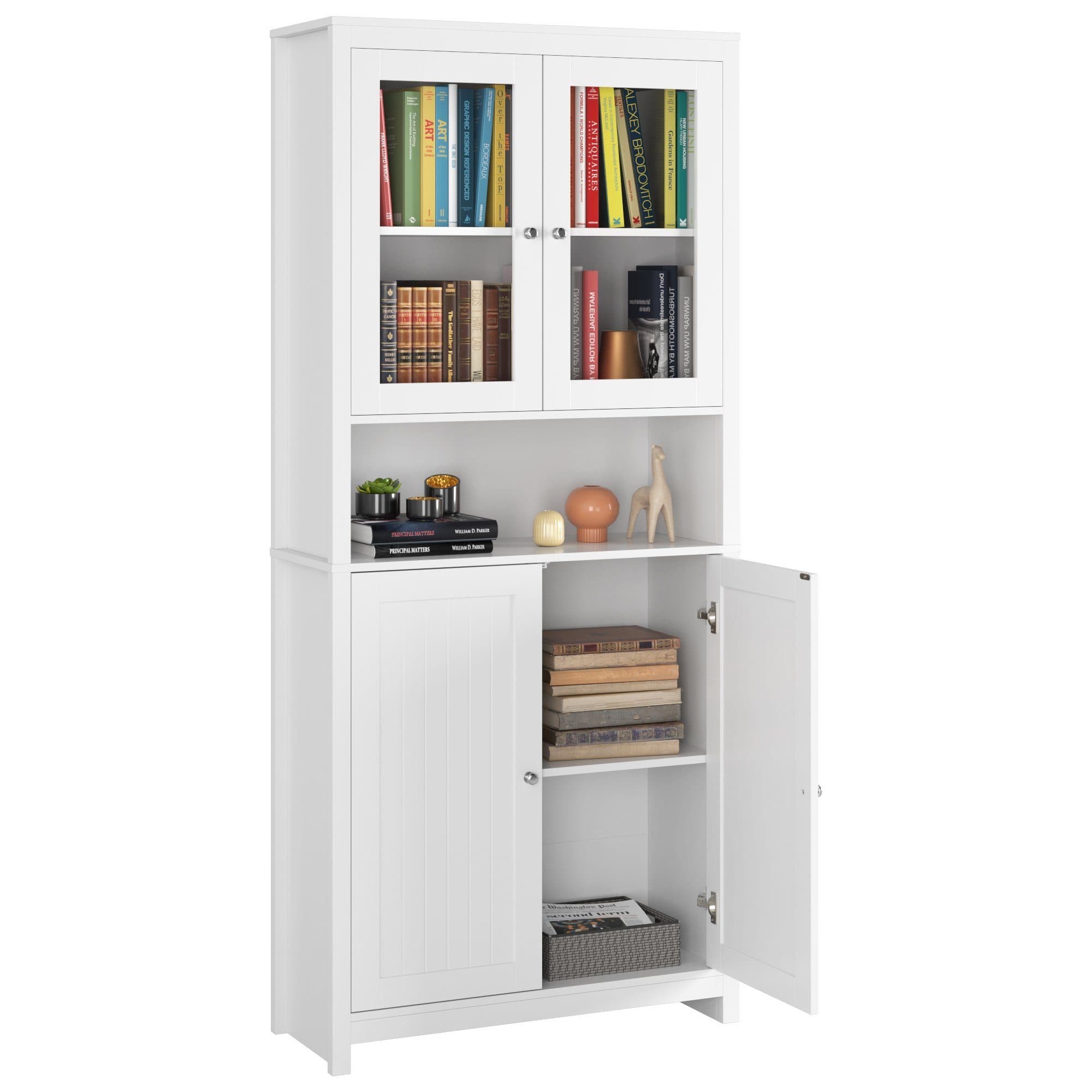 Homfa Hochschrank Vitrinenschrank Bücherschrank Buffetschrank 2 Glastüren 2 Holztüren Weiß 84x32x190 cm - Bild 2