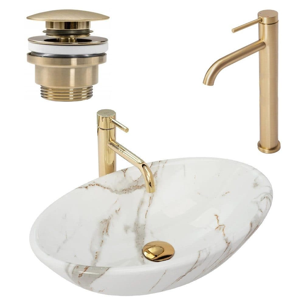 wohnwerk.idee Aufsatzwaschbecken Marmor Optik Weiß Gold - Bild 2