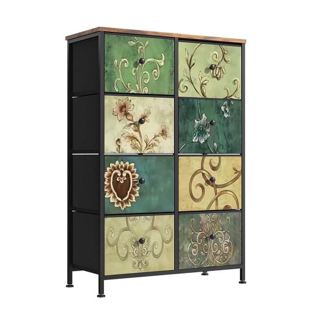 Retro Sideboard Kommode mit 8 Schubladen - Blumenstoff Design