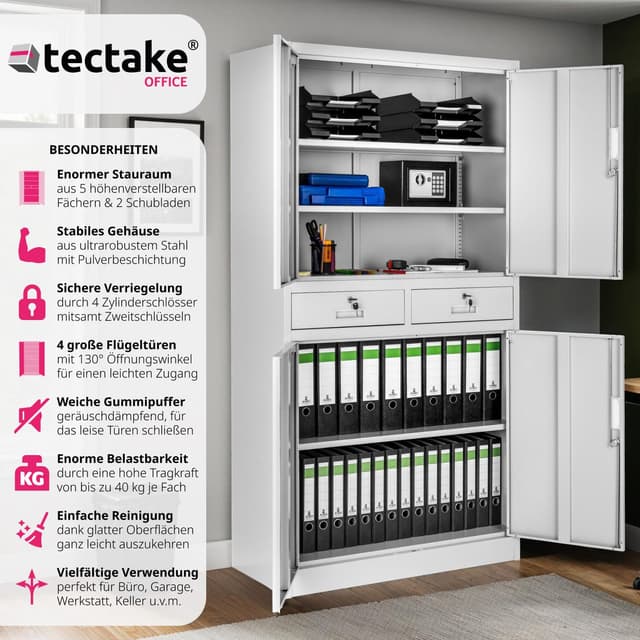 TECTAKE Aktenschrank Büroschrank Cosmo Grau Stahl