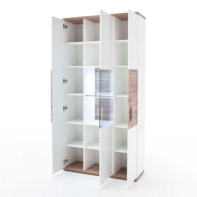 Pharao24 Vitrine Salija - Weißes MDF Design mit Eichefarbenen Türen