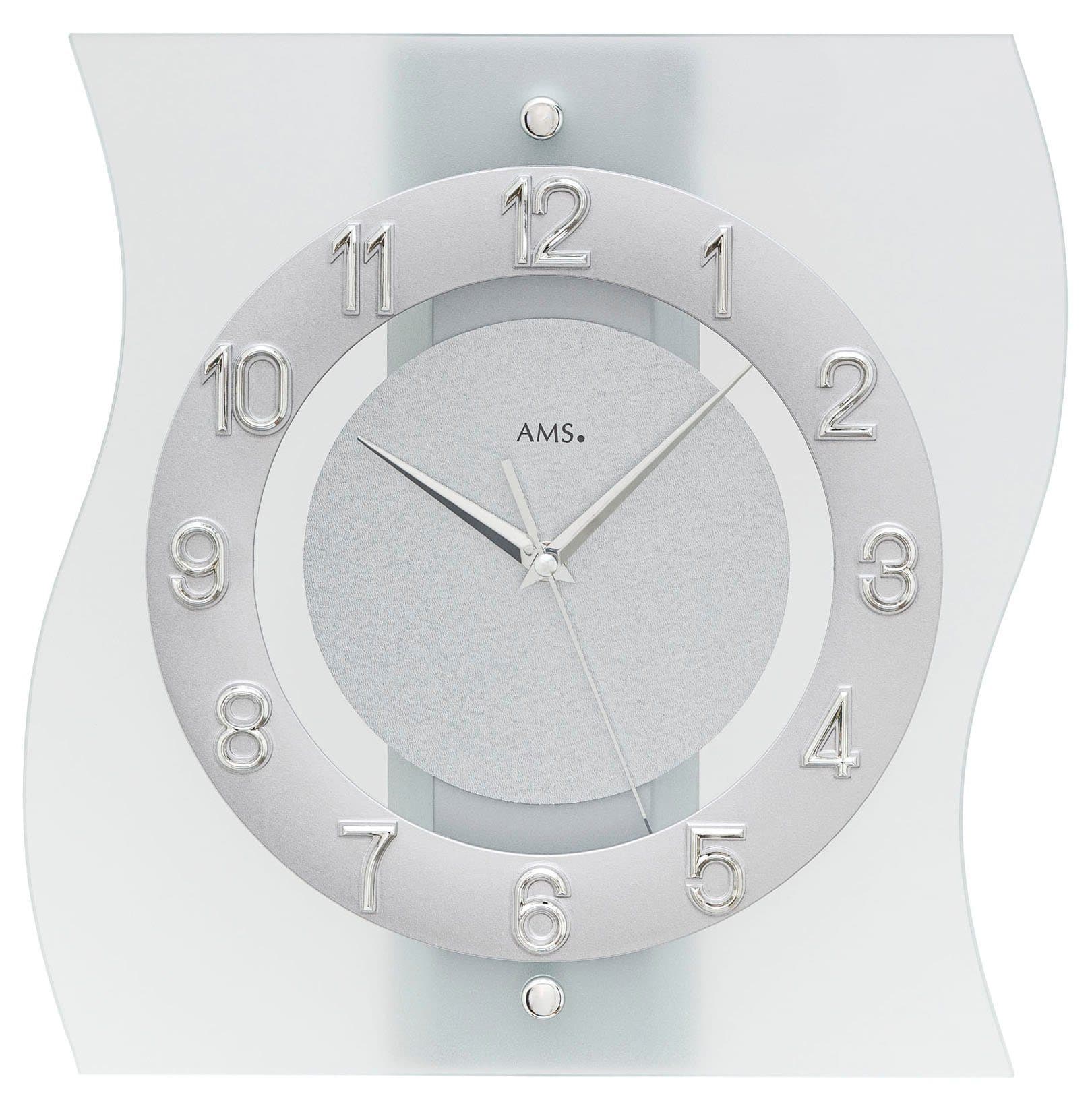 AMS Funkwanduhr Exklusiv-Modell Quarzuhr Silber Holz Glas