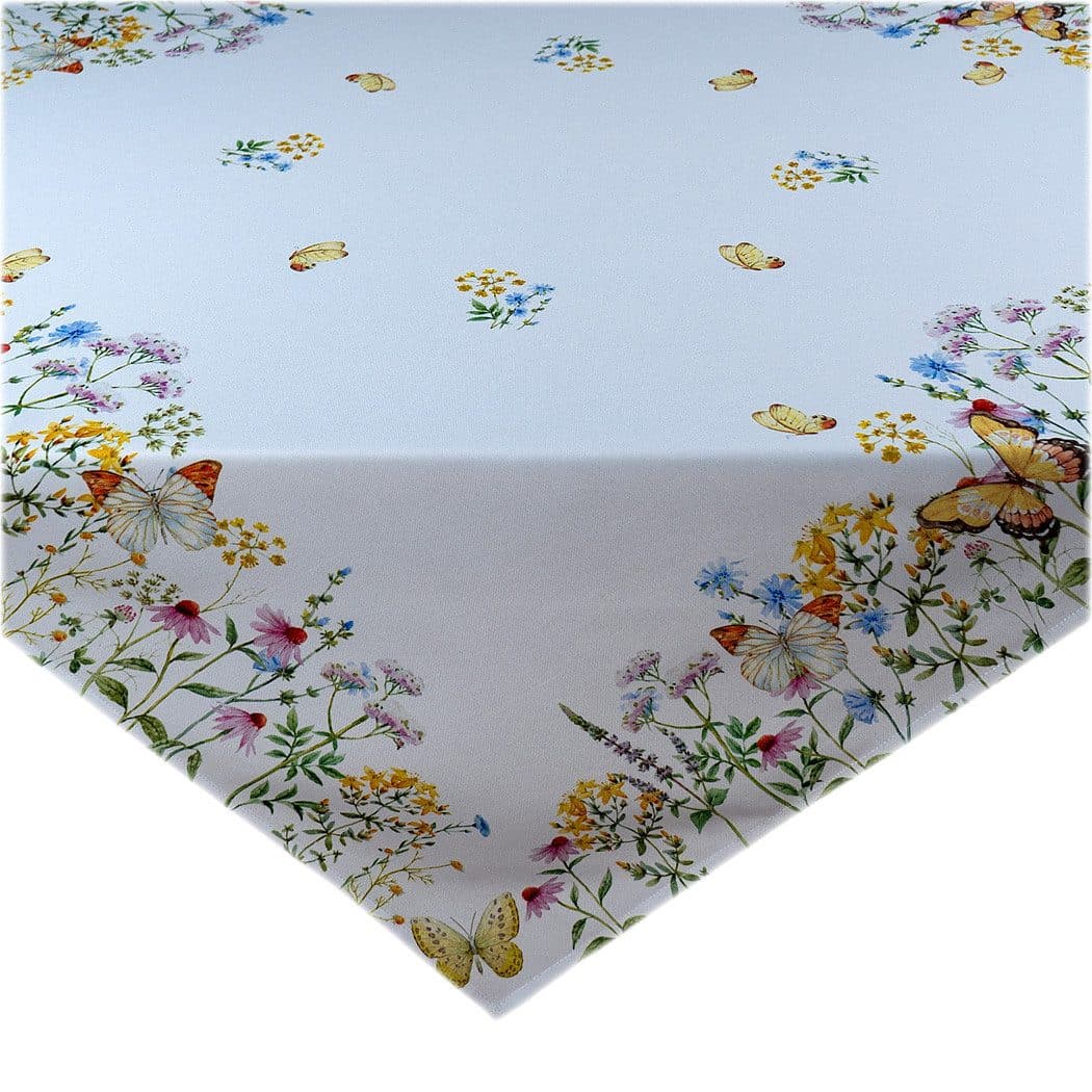 texpot Tischdecke Tischläufer Druck Blumen und Schmetterlinge Frühling Weiß