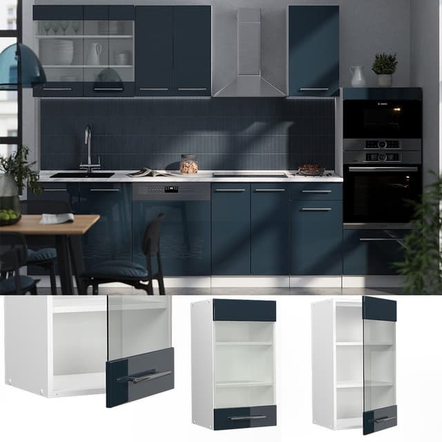 Glashängeschrank Dunkelblau Hochglanz / Weiß