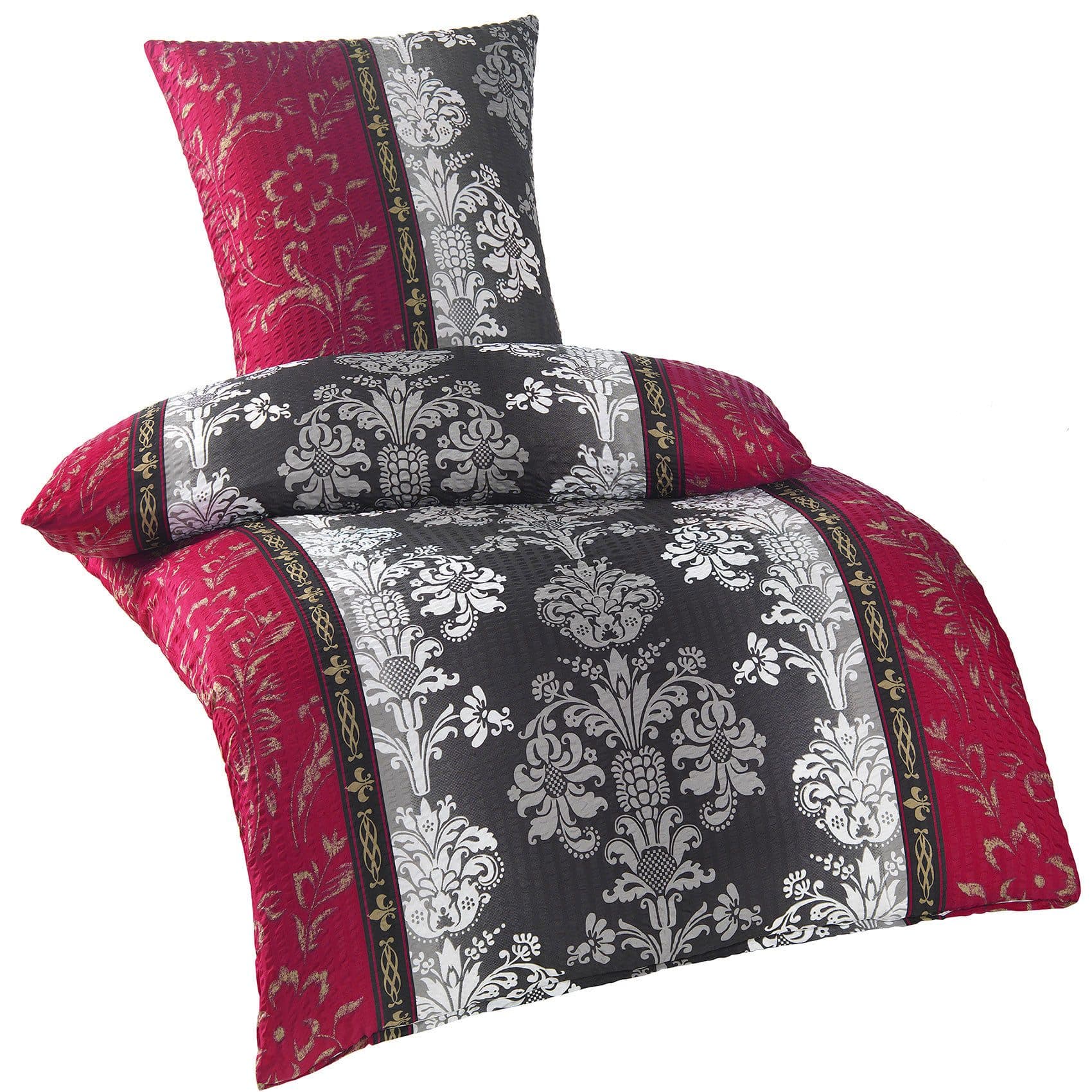 KH-Haushaltshandel Seersucker Bettwäsche 135x200 +80x80cm, Ornamente, 2-teilig, rot grau weiß, bügelfrei
