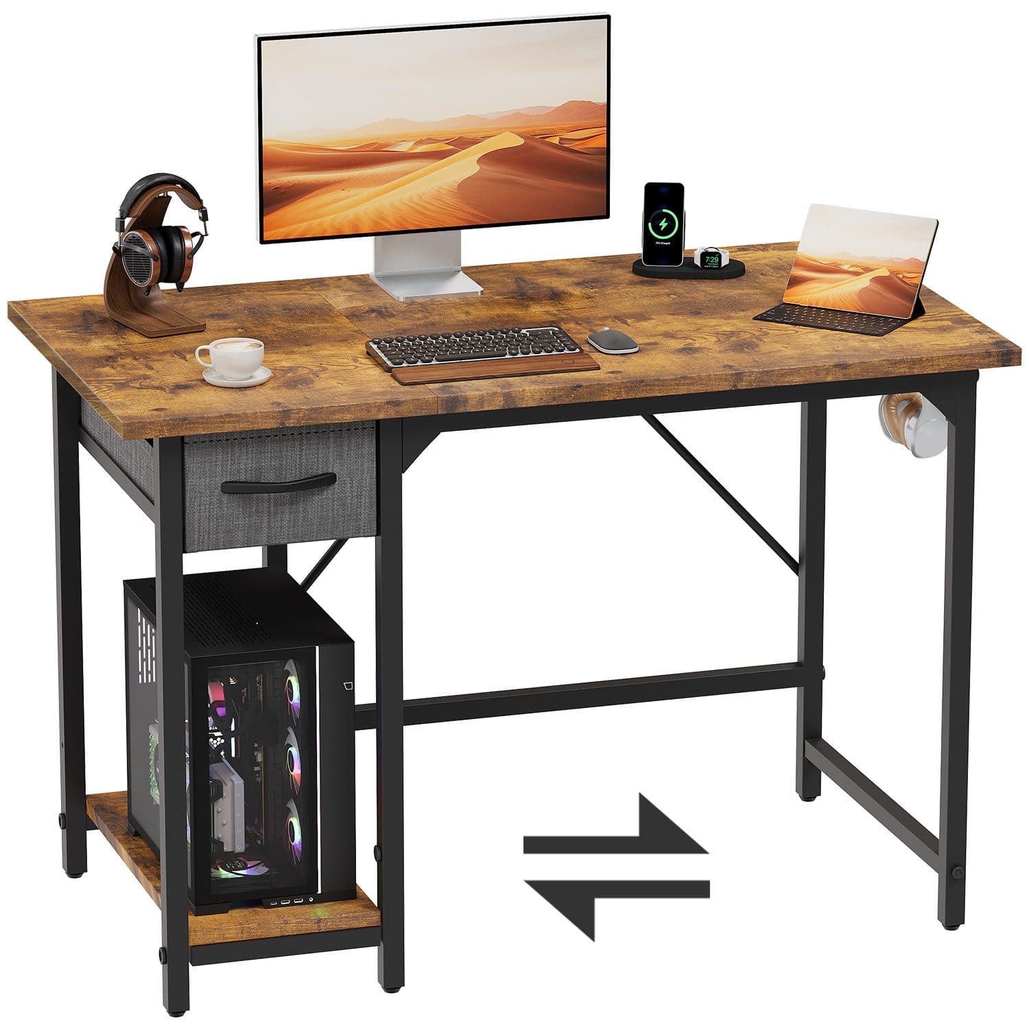 Furnicopia Eckschreibtisch L-förmig Gaming-Schreibtisch mit Stauraum, Steckdosen und LED