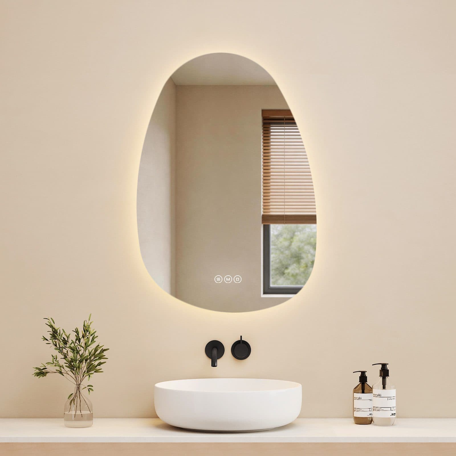 EMKE Badspiegel mit Beleuchtung Wandspiegel asymmetrisch Lichtspiegel Kieselsteinform Touchschalter 3 Lichtfarben einstellbare Helligkeit Antibeschlag IP44 - Bild 2