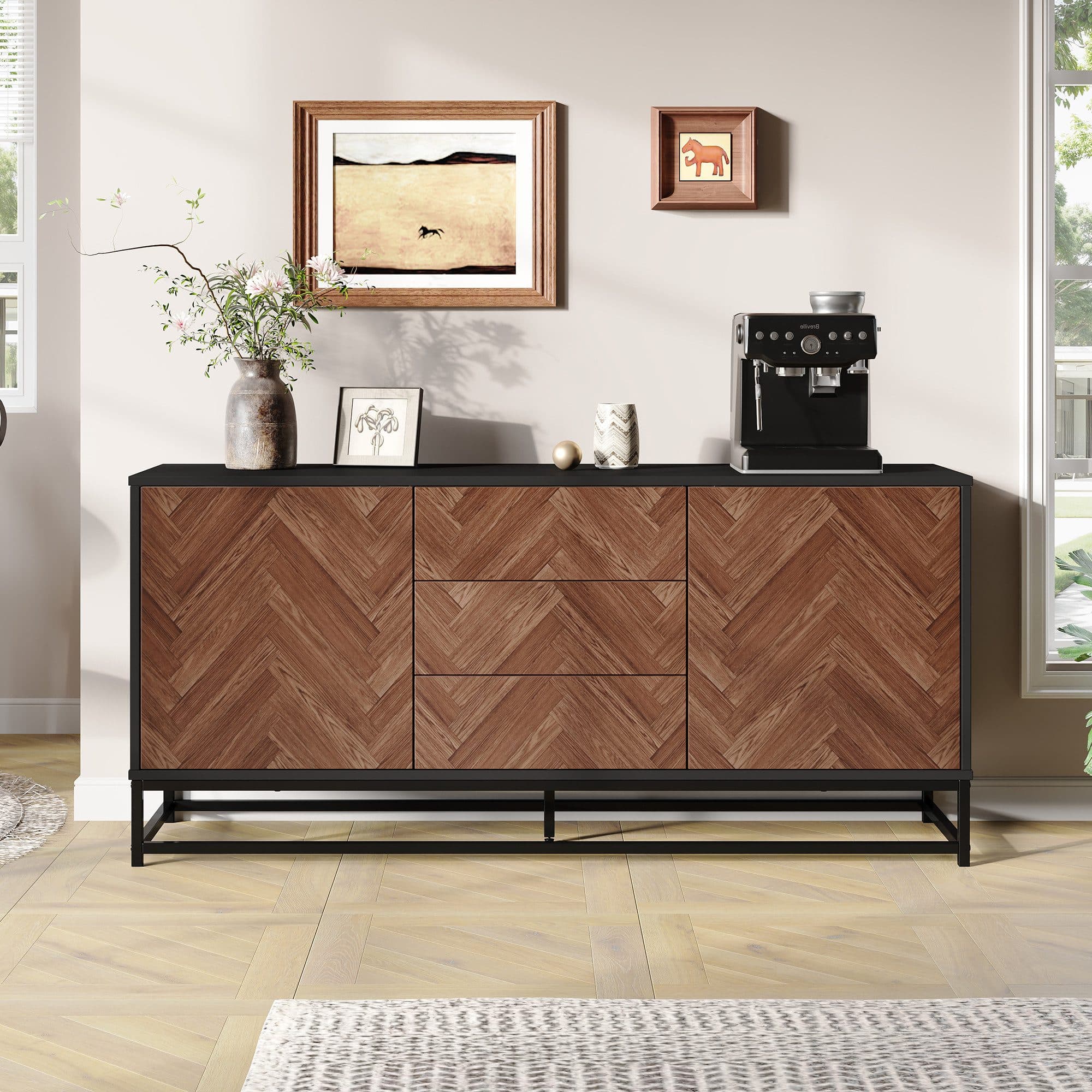 Merax Sideboard Holzoptik Schwarz Metallrahmen 3 Schubladen 2 Türen - Bild 2