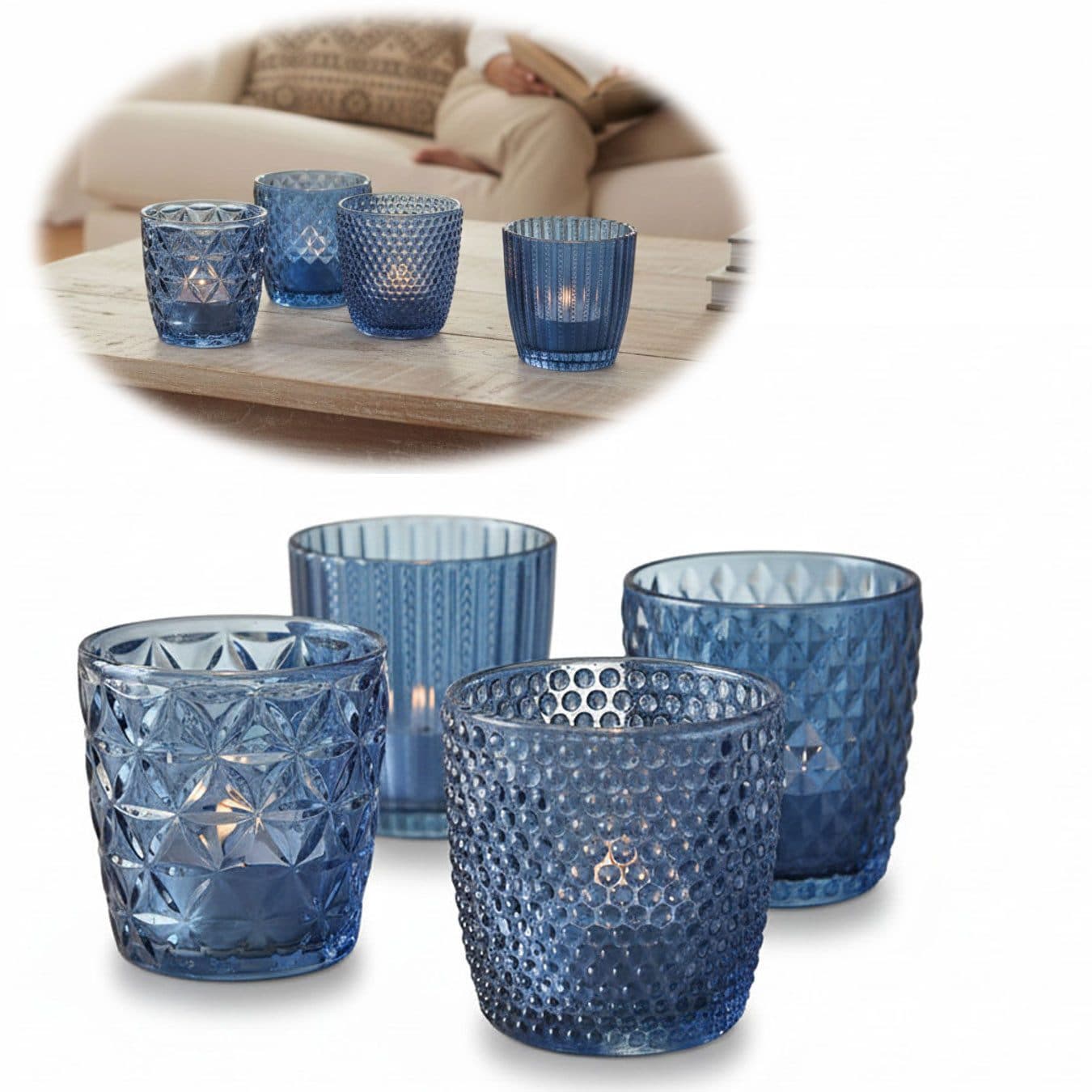LS-LebenStil Teelichthalter 4'er Set Retro-Blau Kristall-Ornament - Bild 2