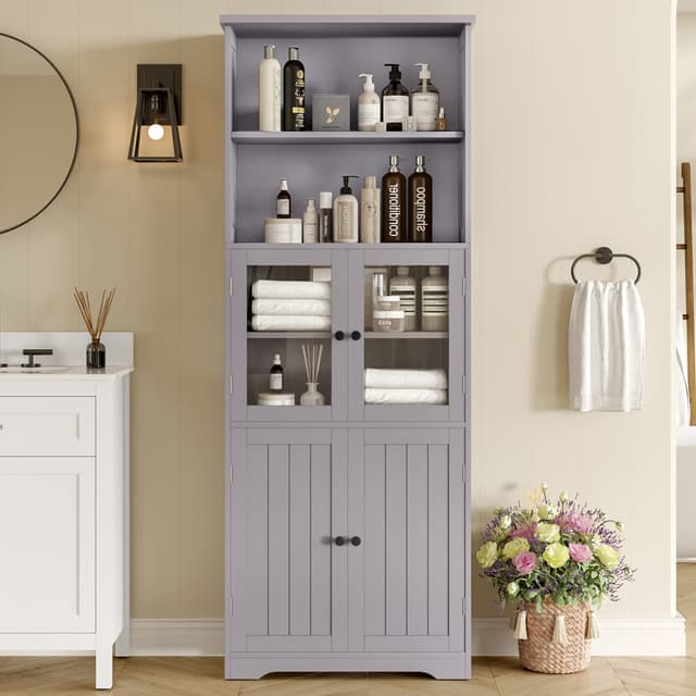 TavilaEcon Hochschrank Badezimmerschrank Grau Feuchtigkeitsbeständig